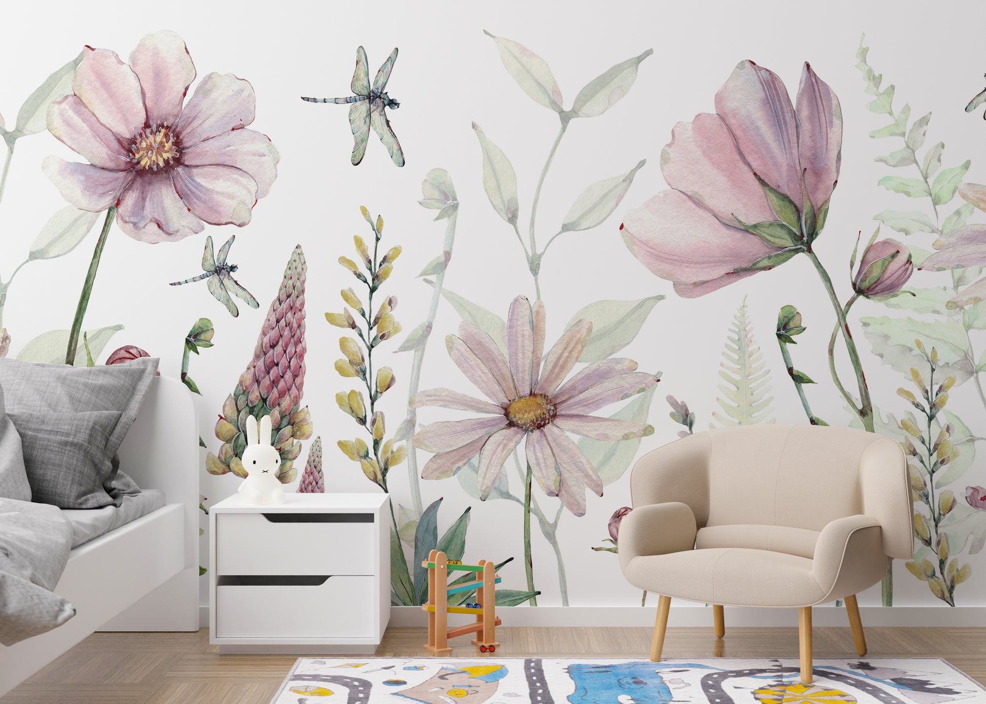 Floral watercolor mural featuring delicate pink blooms.
