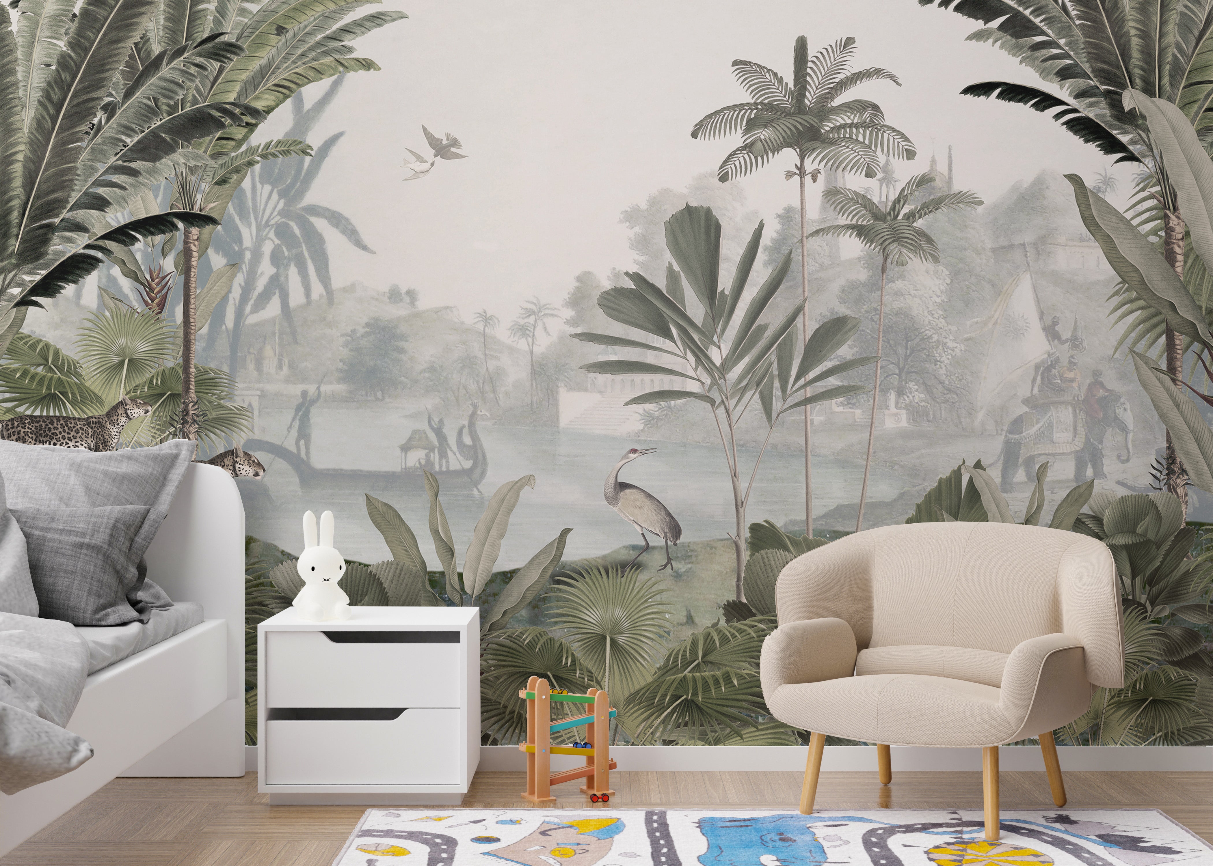 Lush leopard haven mural for tranquil interiors.
