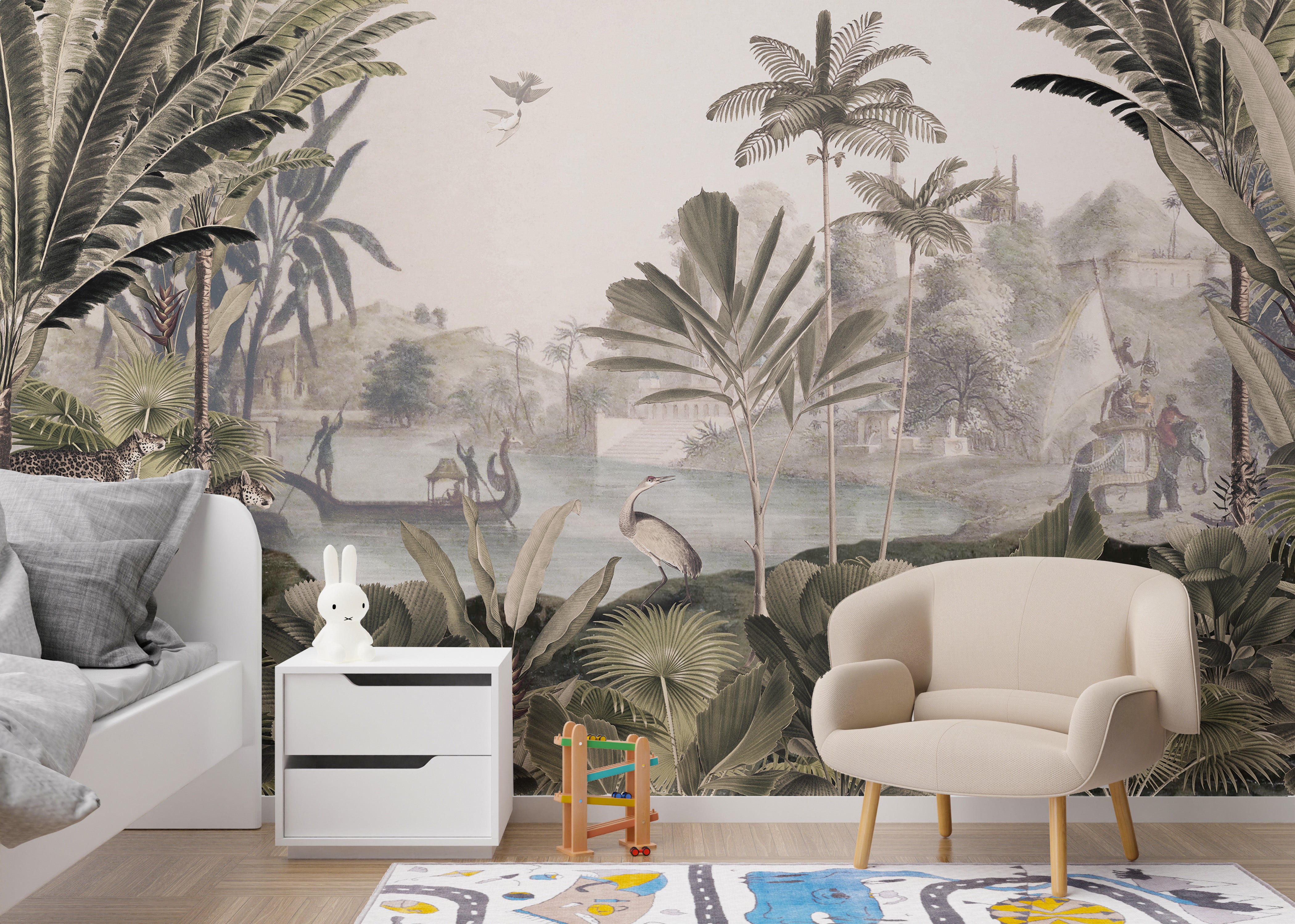 Enigmatic sepia mural with lush jungle details.
