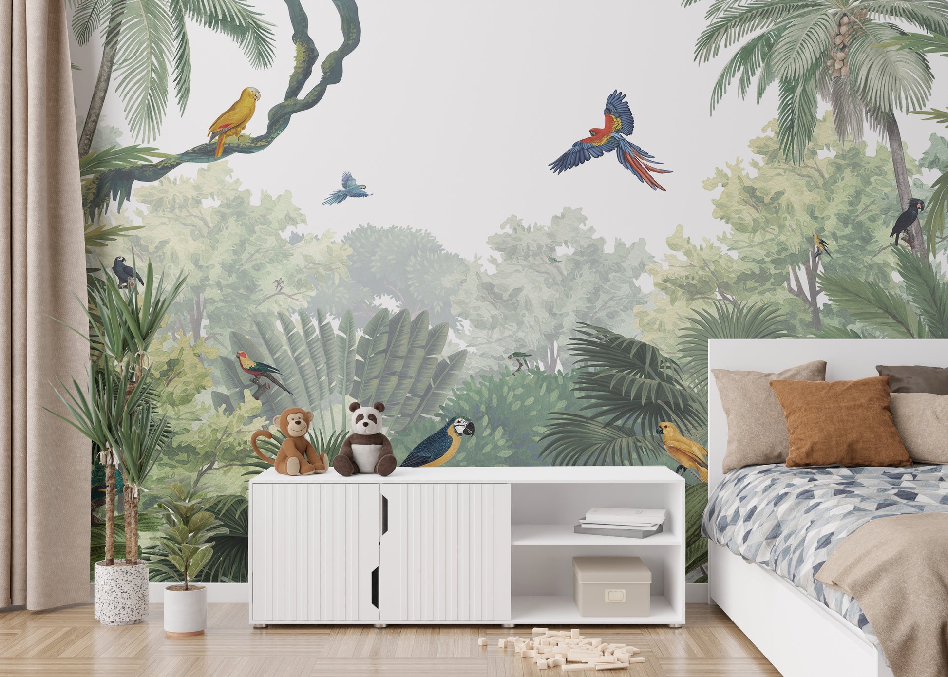 Parrots mural with a lively and tropical jungle setting.