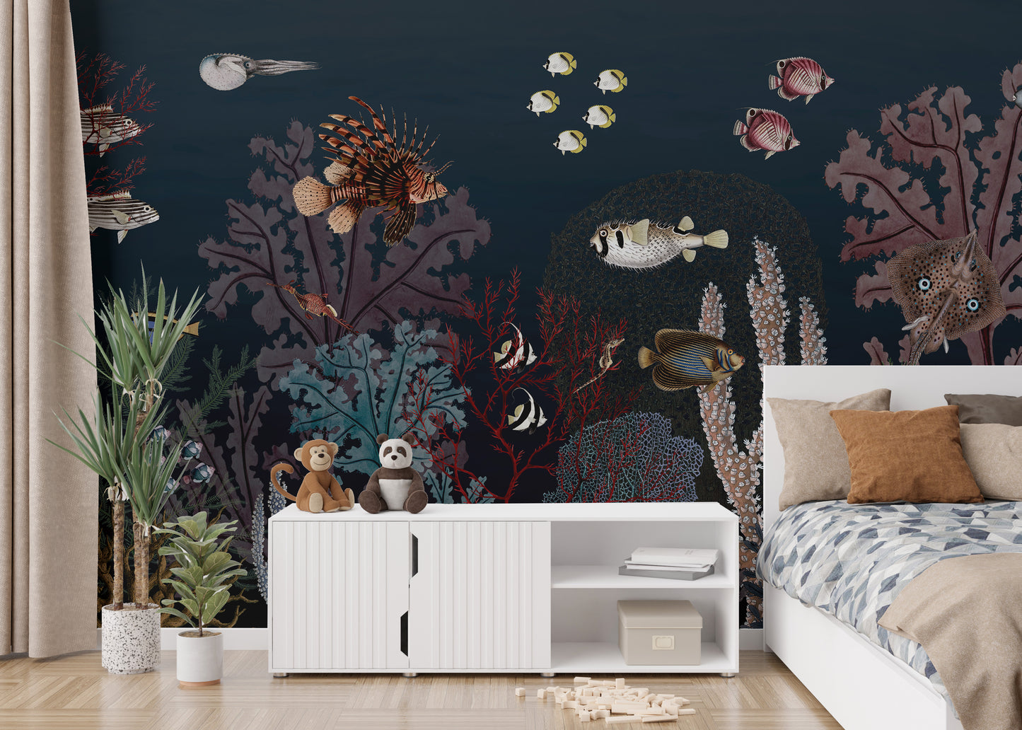 Marine-inspired mural showcasing aquatic ballet art.
