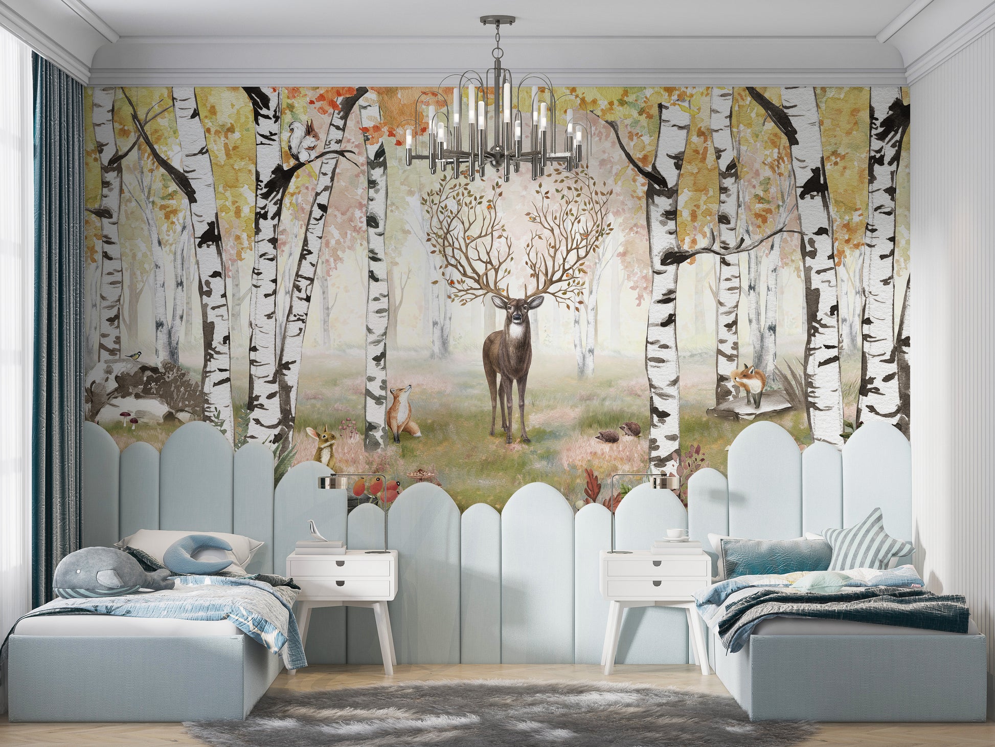 Antlered deer mural with serene autumn woodland vibes.
