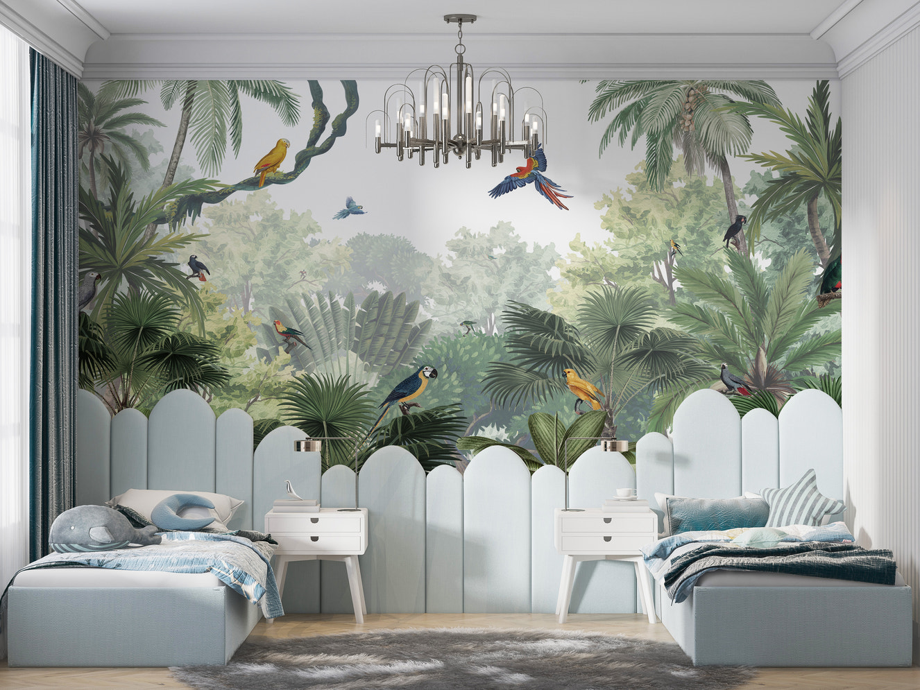 Parrots wall mural with lush jungle foliage design.
