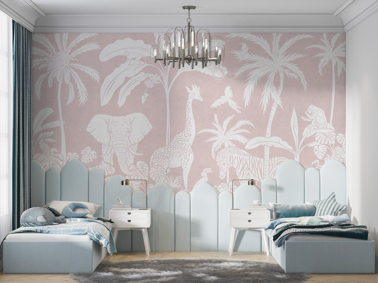 Elegant Monochrome Jungle Pink mural for stylish decor.
