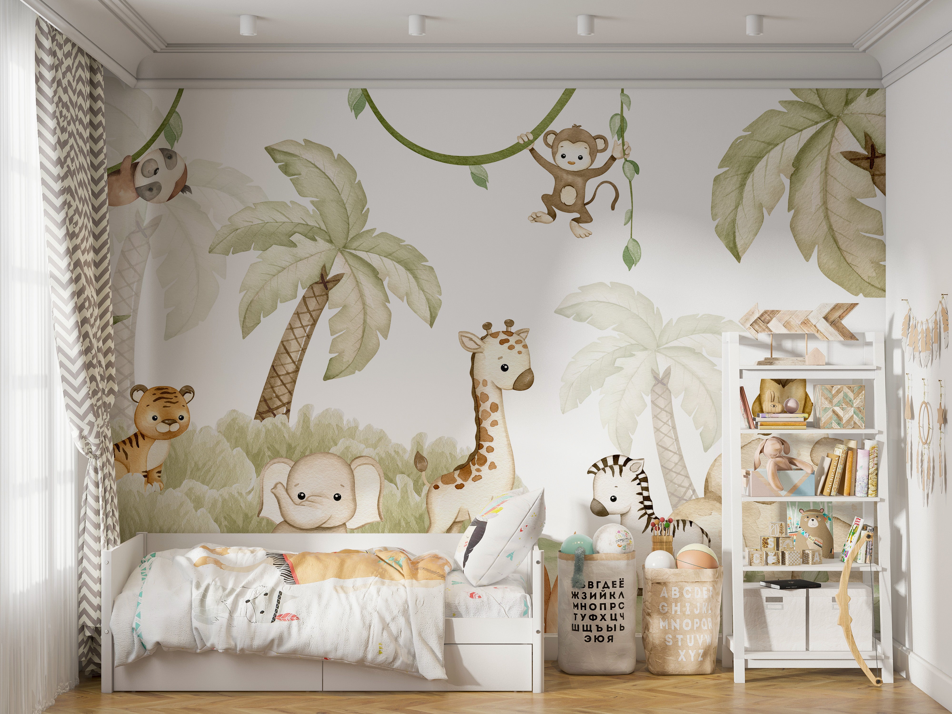 Decorative mural with delightful animals in a savannah setting