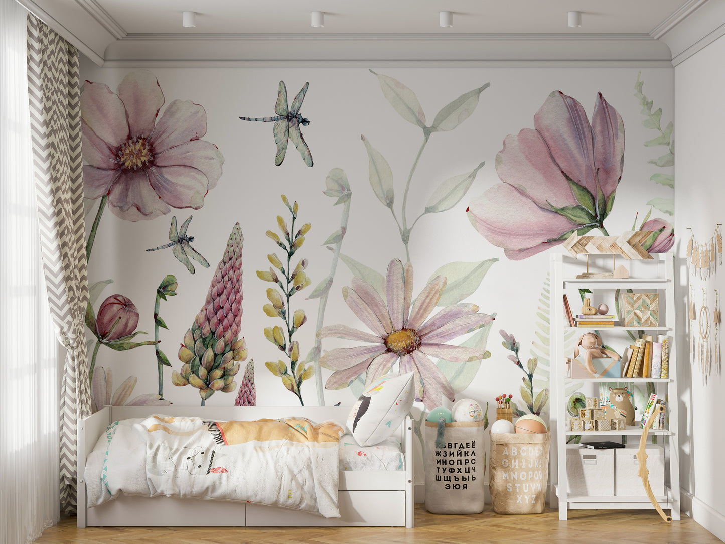 Enchanted bloom watercolor mural with vibrant flowers.
