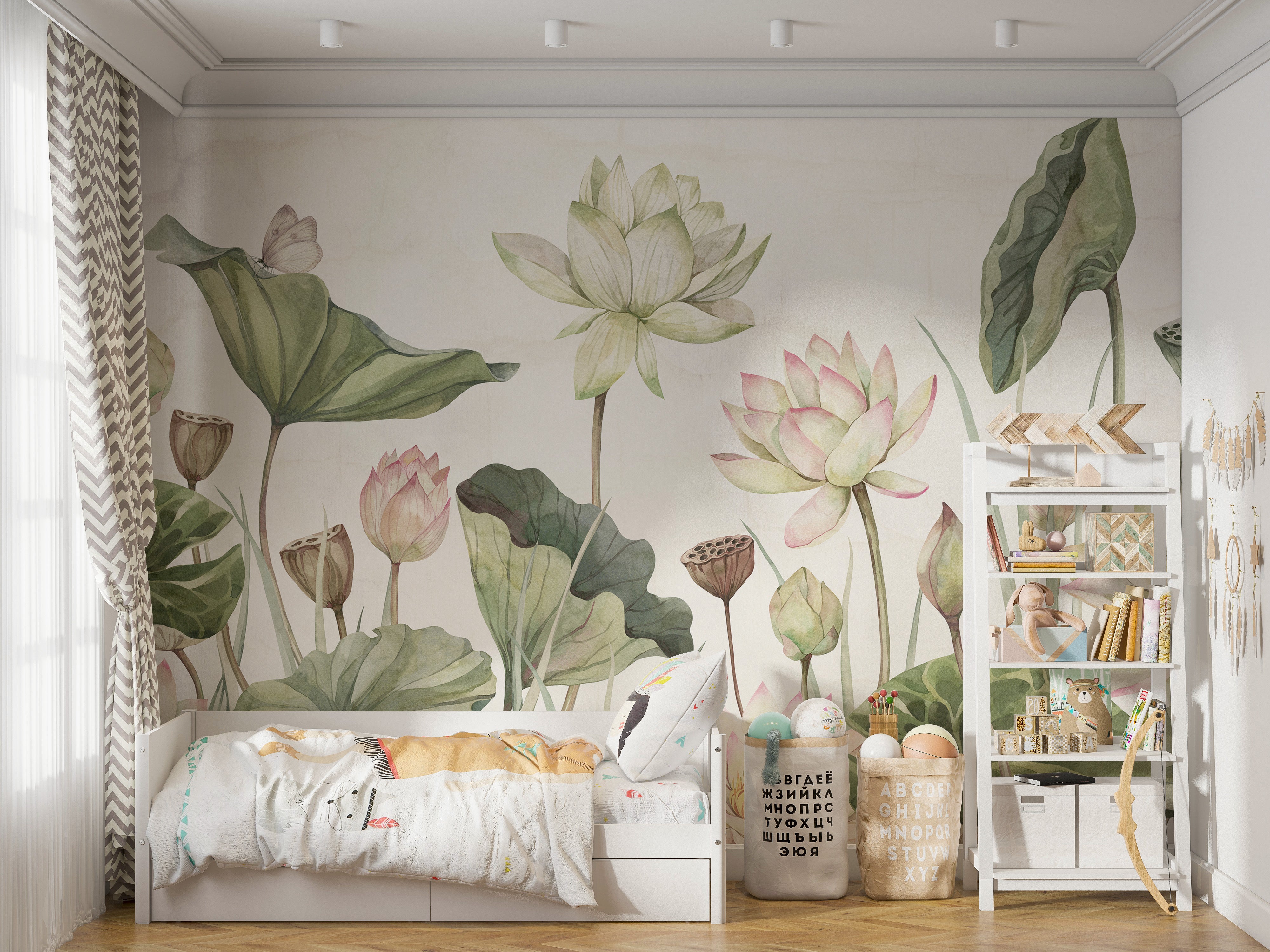 Serene botanical mural with delicate water lilies.
