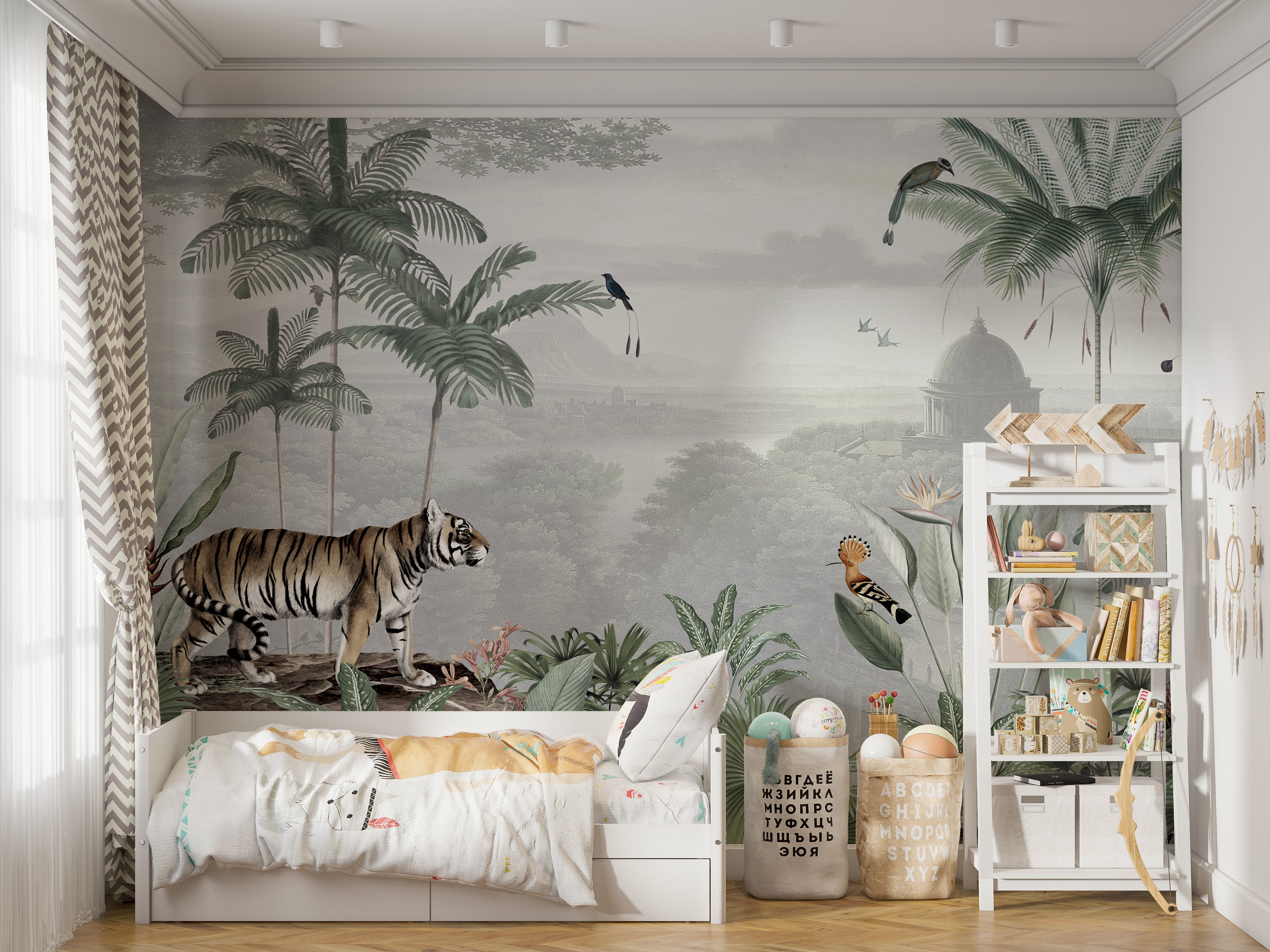 Jungle-themed mural with a striking tiger centerpiece.
