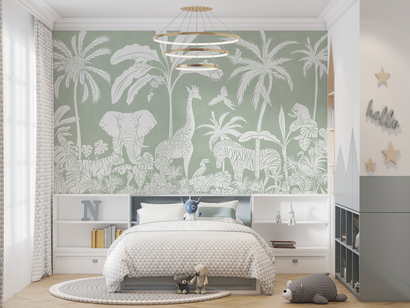 Vibrant Monochrome Jungle Green mural for bold decor.
