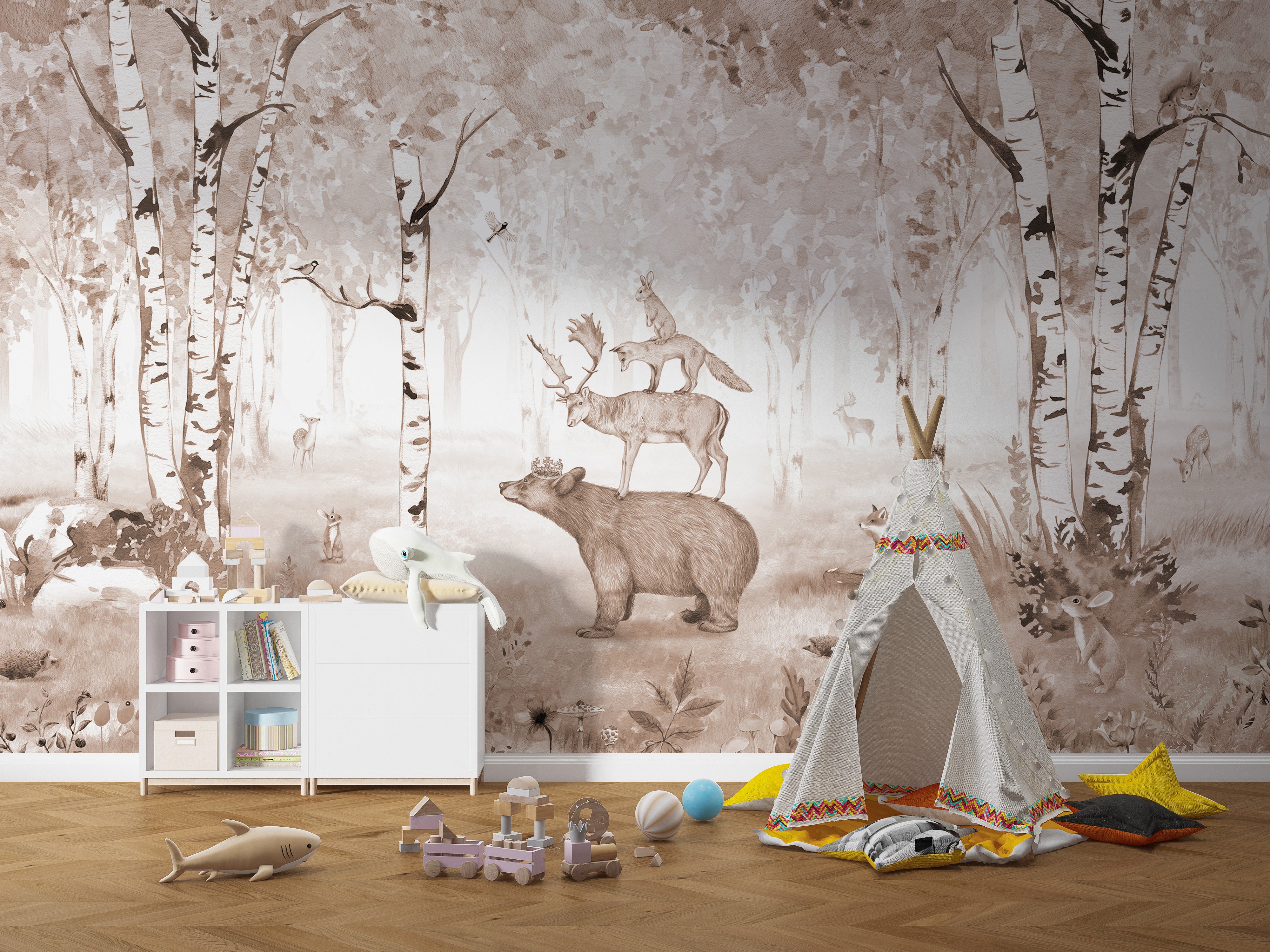 Forest-themed mural featuring bear and deer elegance.
