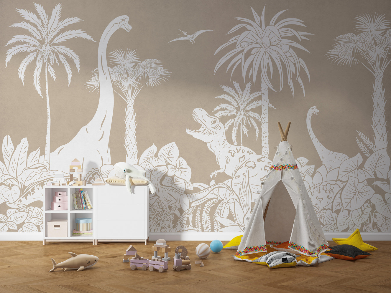 Stylish Monochrome Dino Brown mural for kids’ rooms.
