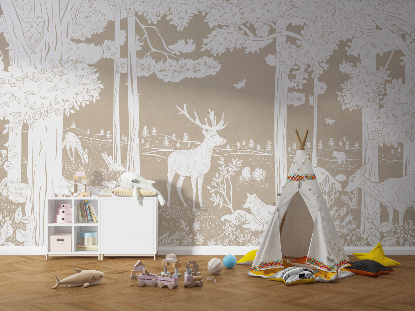 Elegant Monochrome Forest Brown mural for warm decor.
