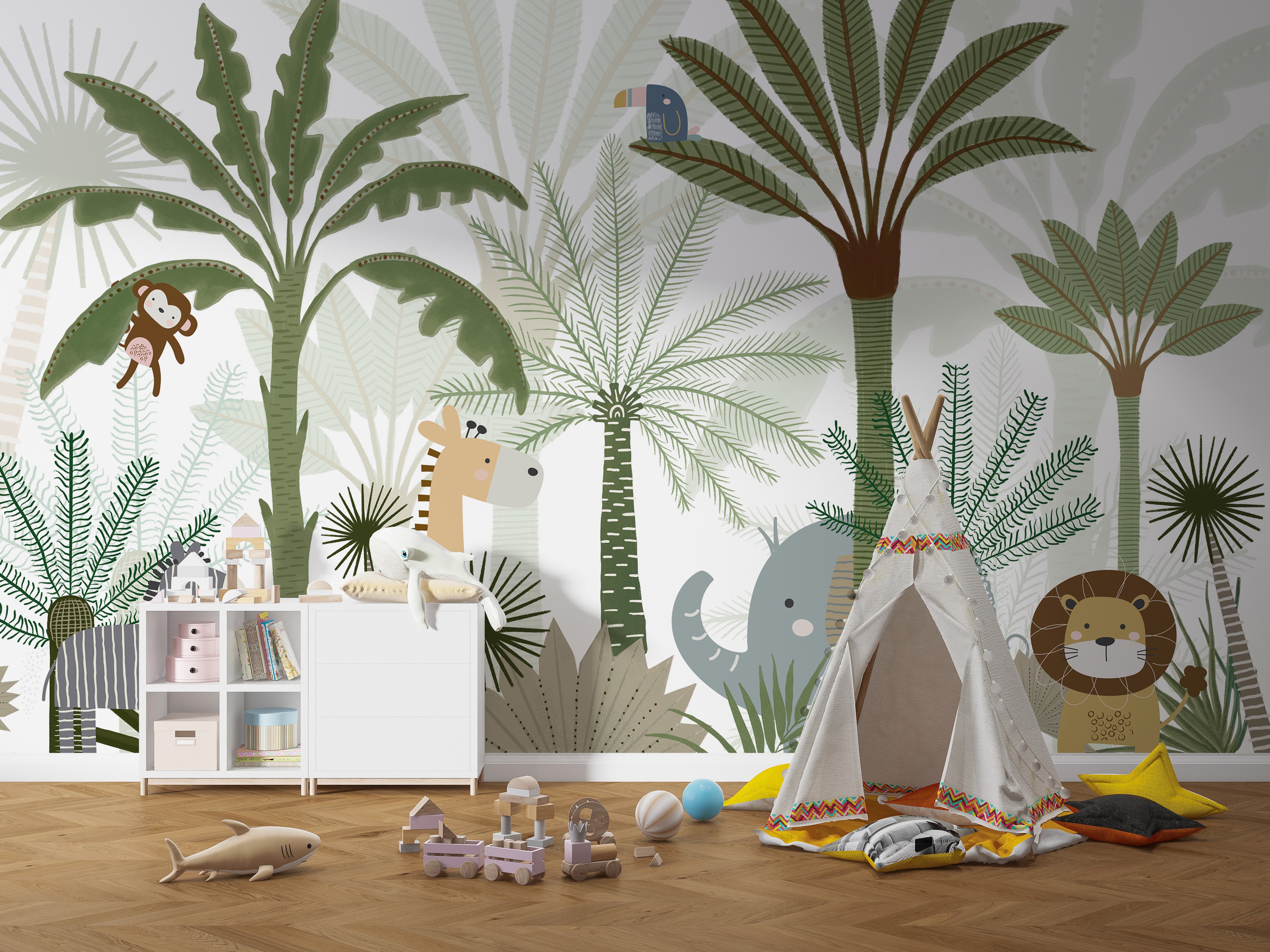 Decorative wall art with animated jungle animals in action
