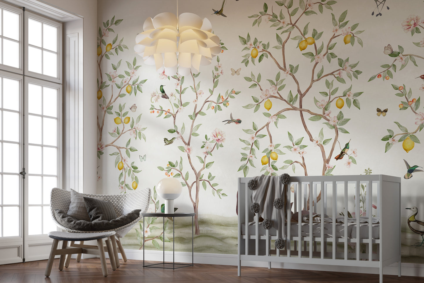 Chinoiserie wallpaper featuring lemon tree patterns.
