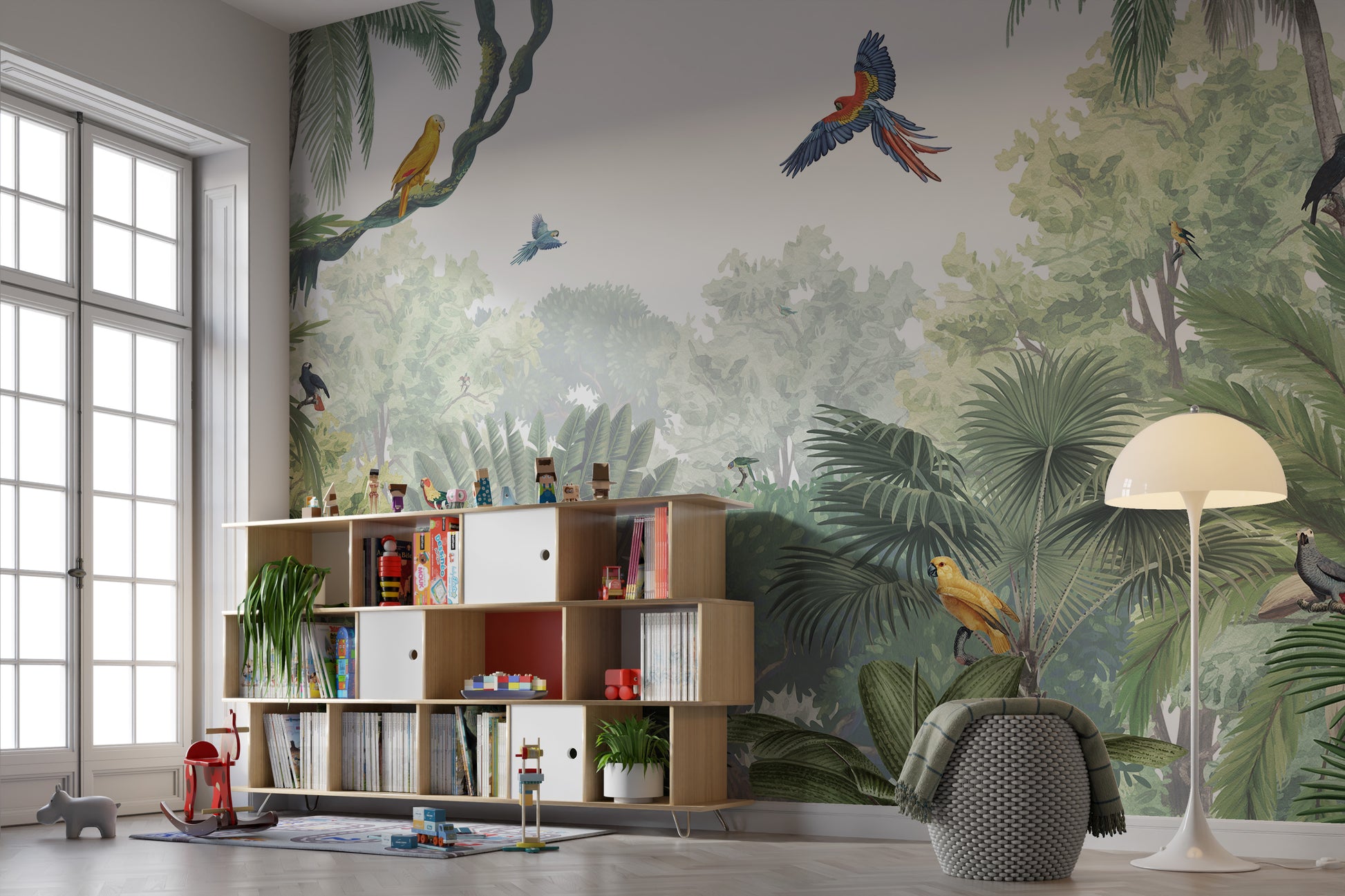 Artistic jungle mural showcasing exotic colorful parrots.
