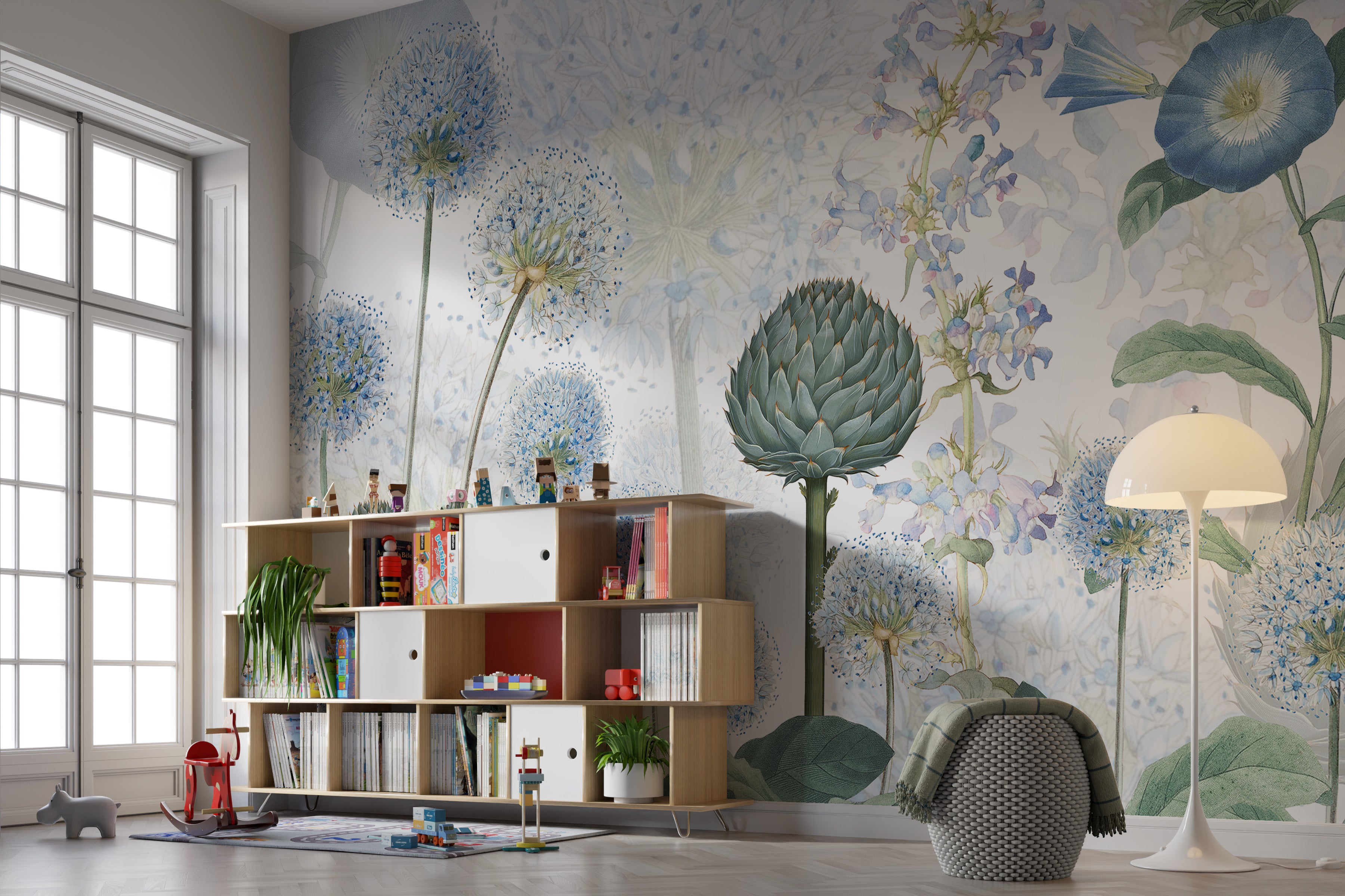 Decorative wall art with a bold azure flora design
