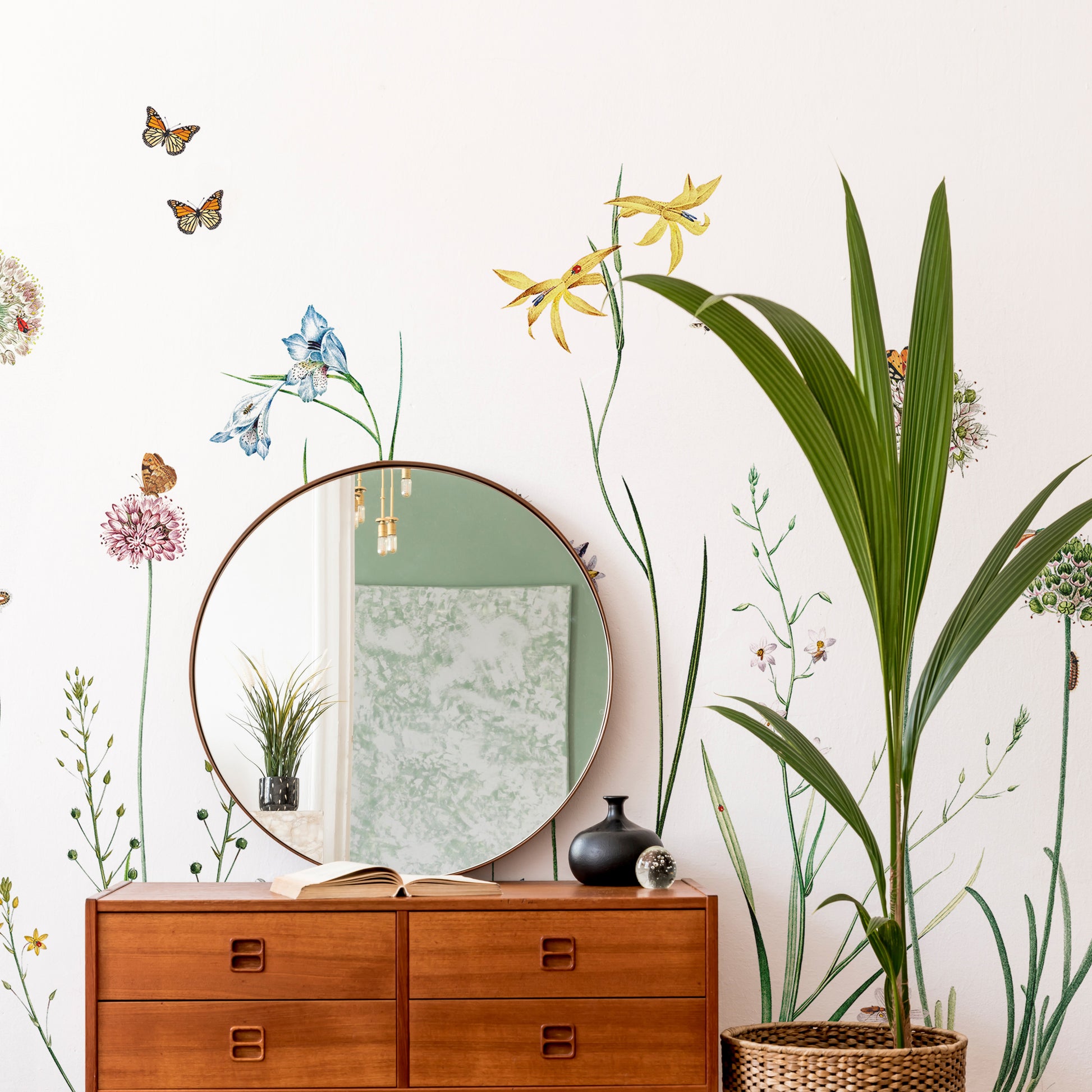 Butterfly garden-themed mural for lively and serene interiors
