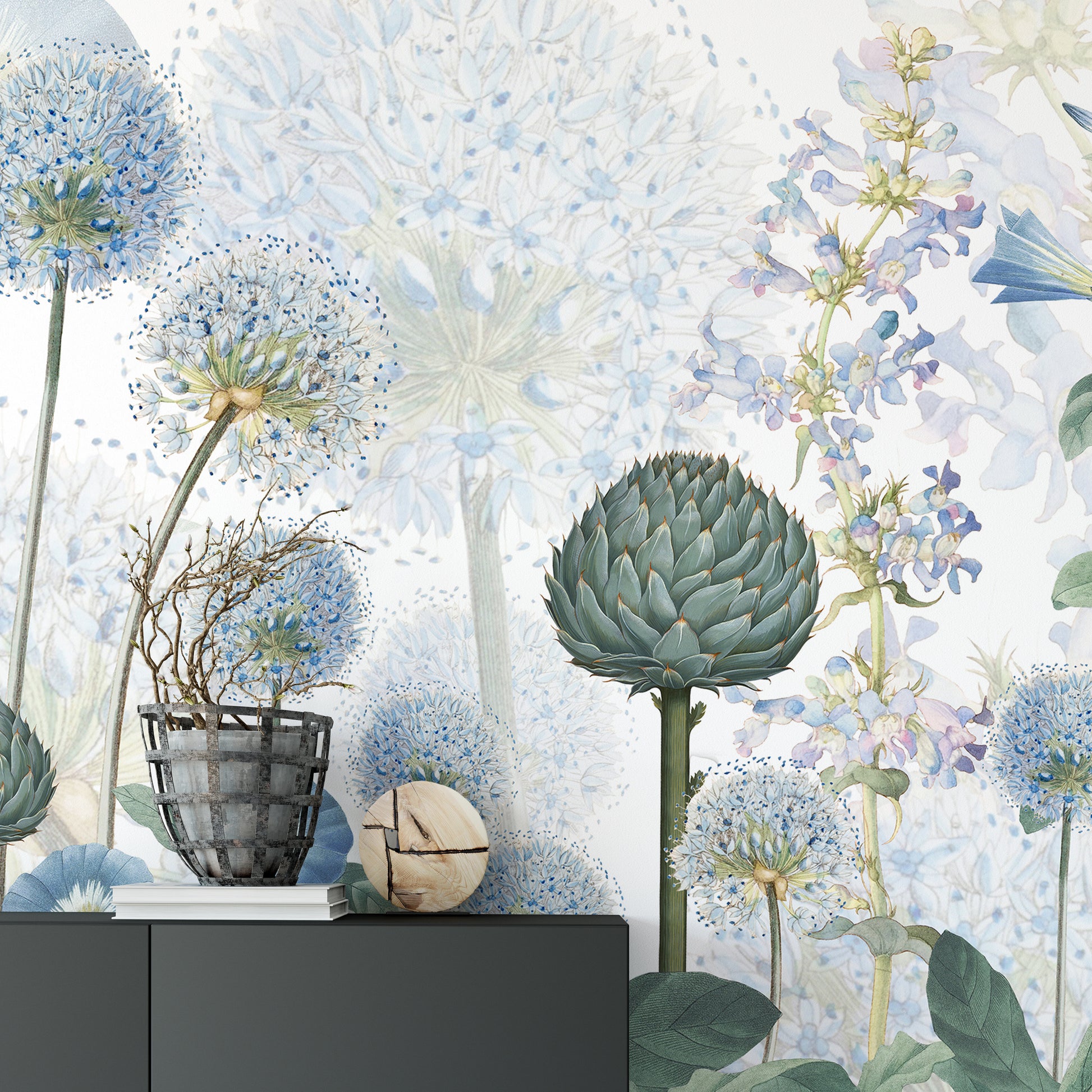 Sophisticated mural showcasing azure flowers and lush foliage
