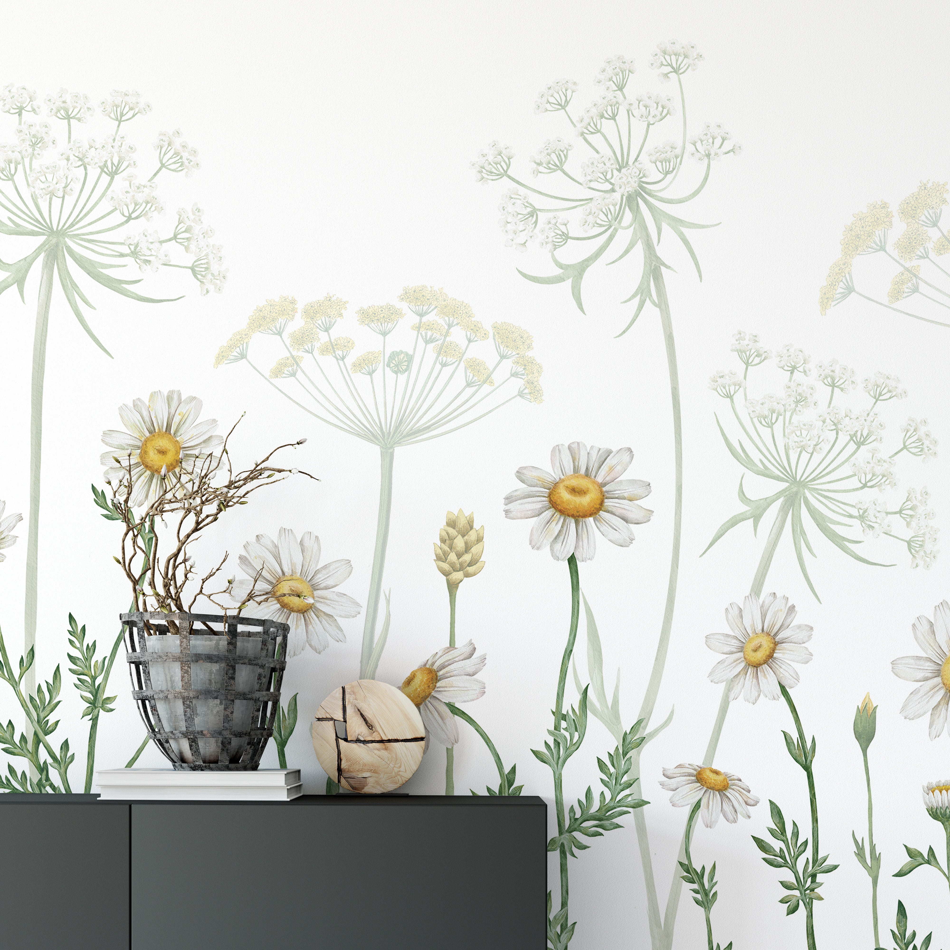 Daisies and lush foliage in a nature-inspired mural.
