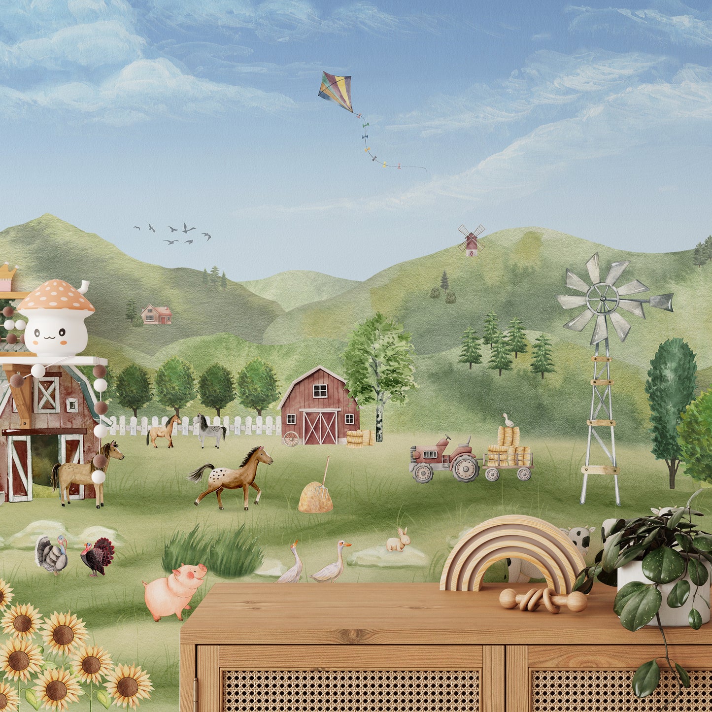 Nature-inspired mural capturing a peaceful pastoral farm scene