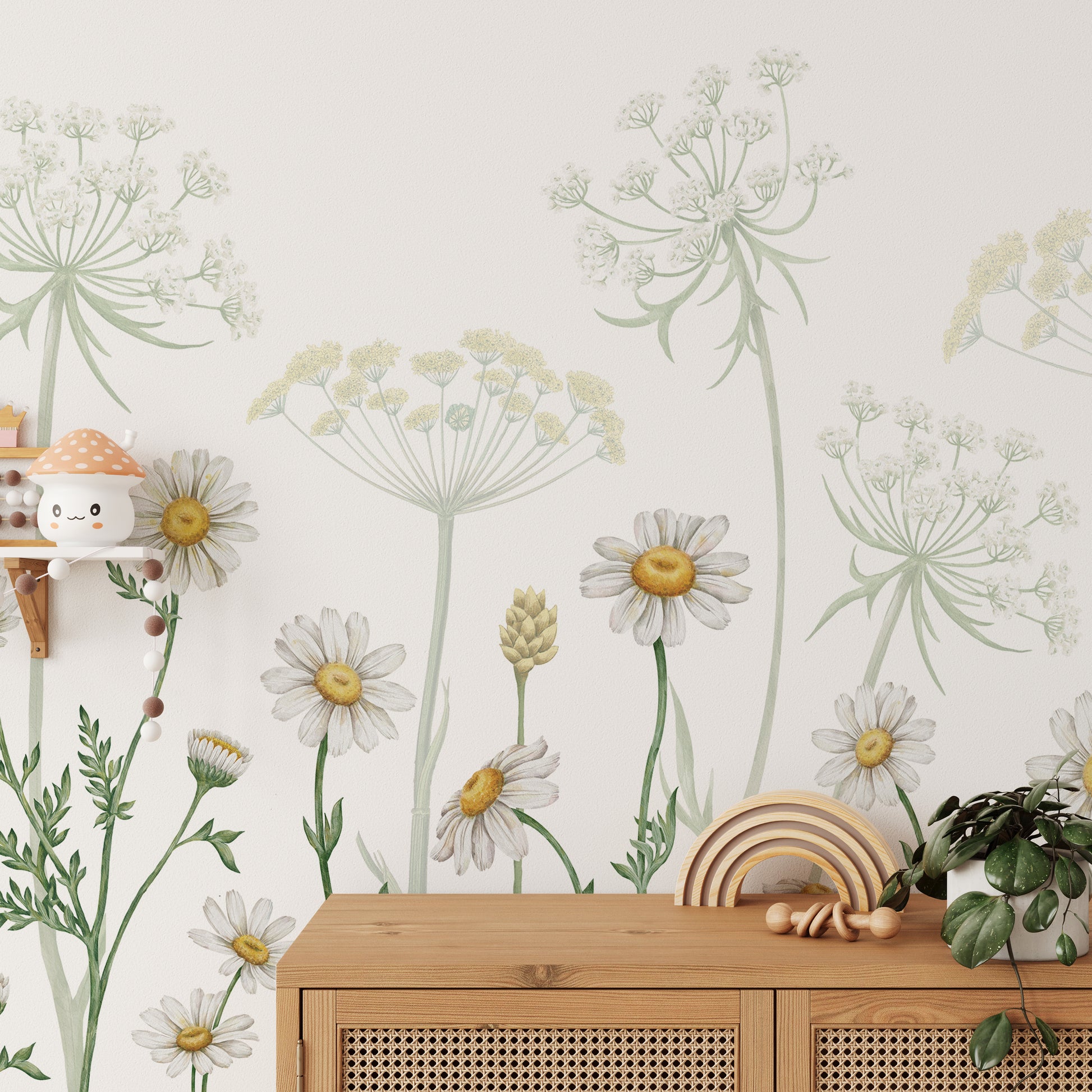 Vibrant daisy blossoms on a detailed floral mural.
