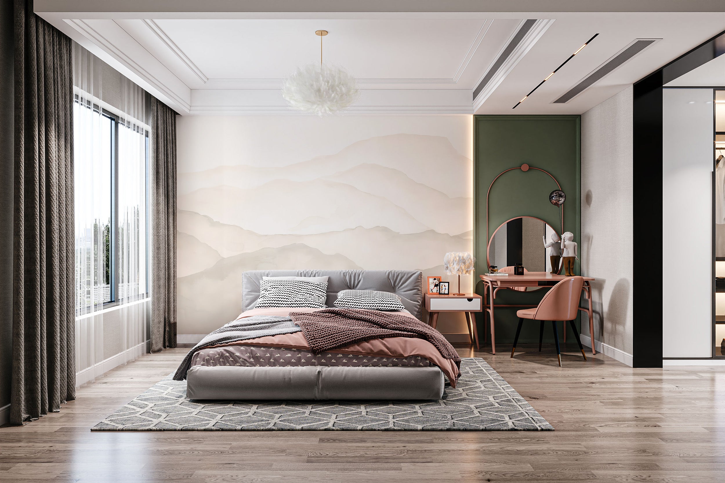 Nature-inspired mural with soft peaks for relaxing spaces