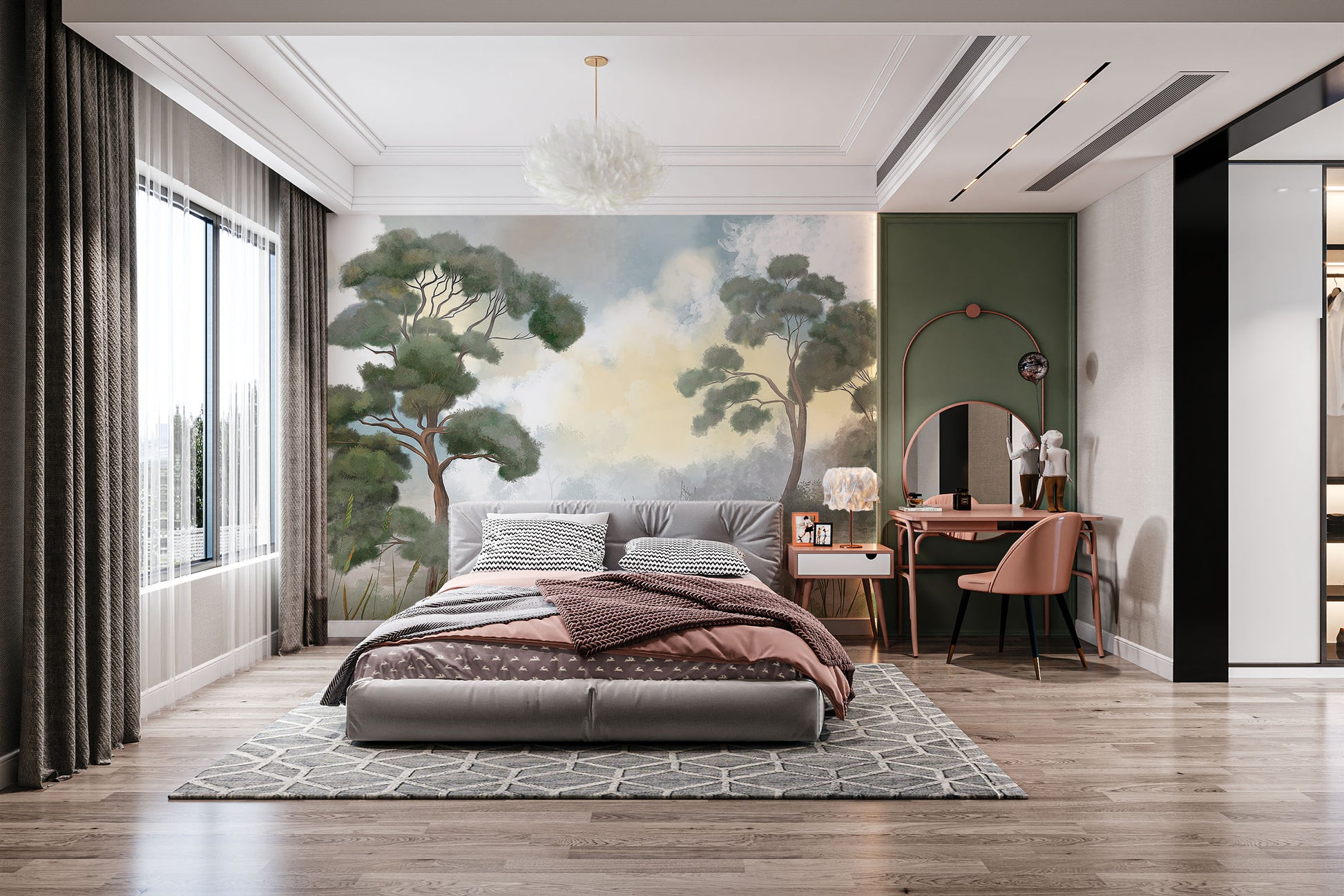 Sunrise serenity mural with soft tree silhouettes for walls