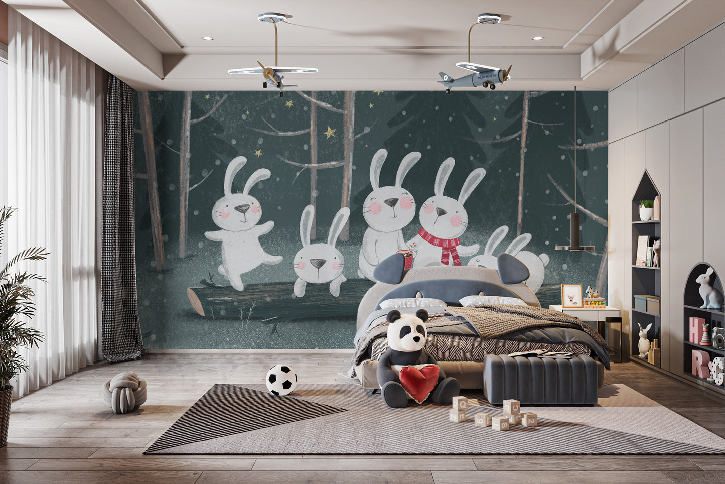 Rabbit in winter wonderland mural for nature-themed interiors