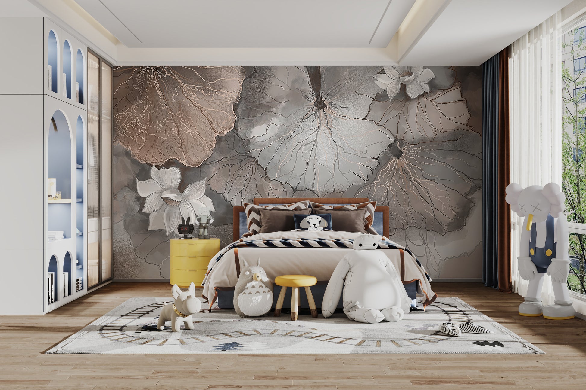 Decorative misty lotus leaves mural for a relaxing atmosphere