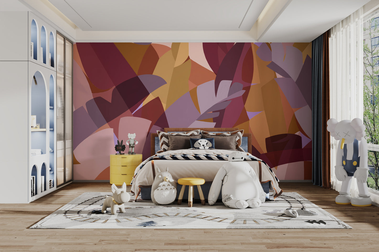 Room wallpaper featuring abstract colorful leaf designs