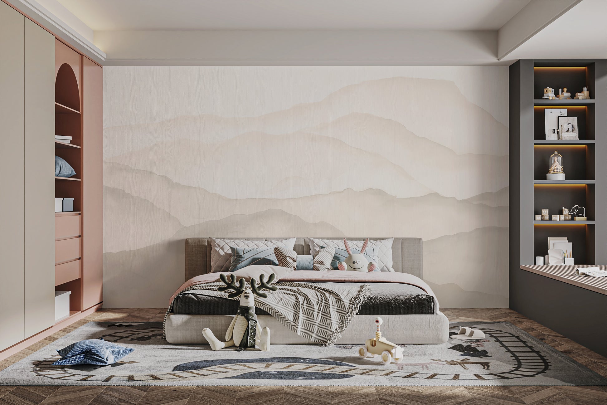 Stylish wallpaper mural with softly toned mountain peaks