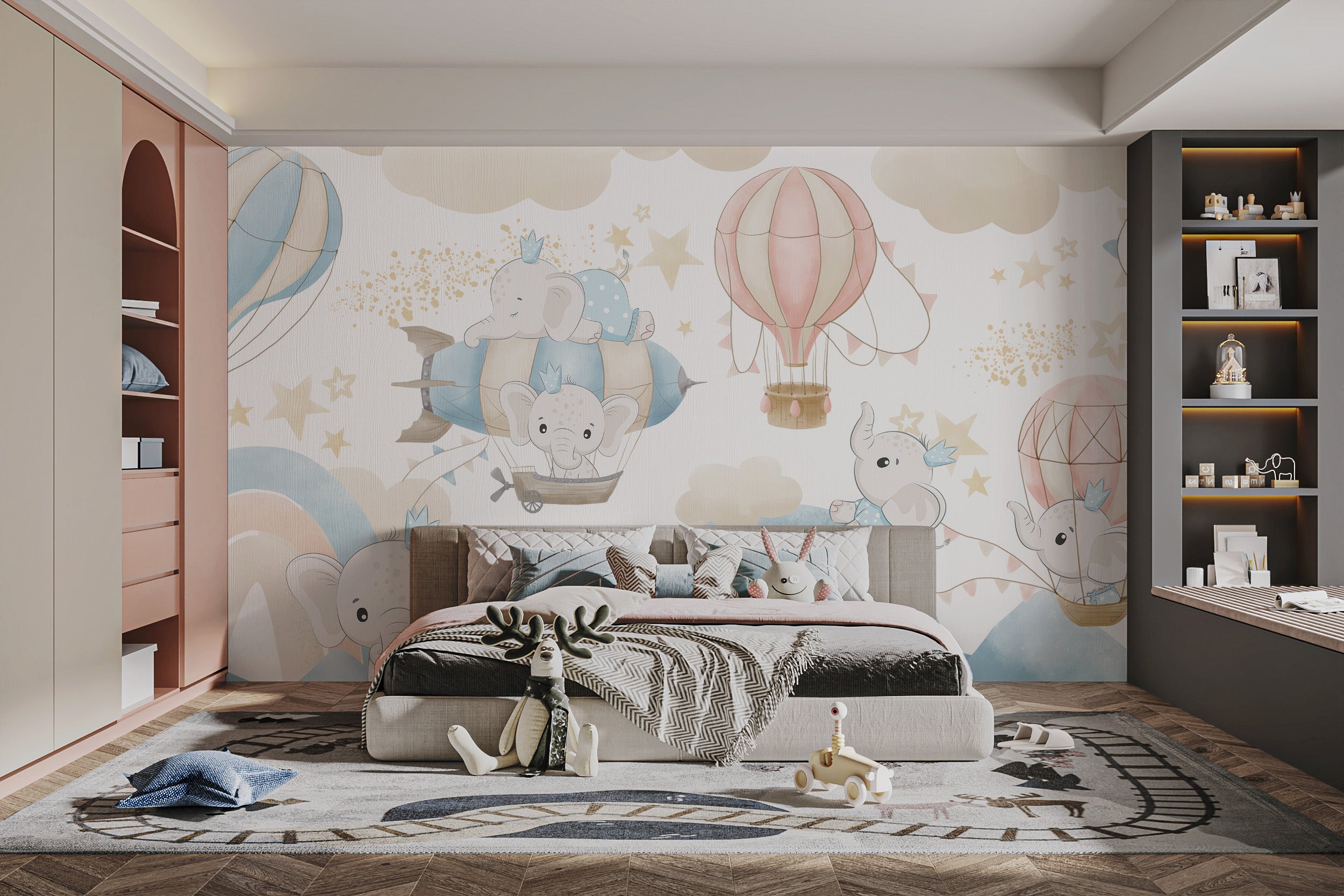 Joyful baby elephants playtime mural for charming interiors