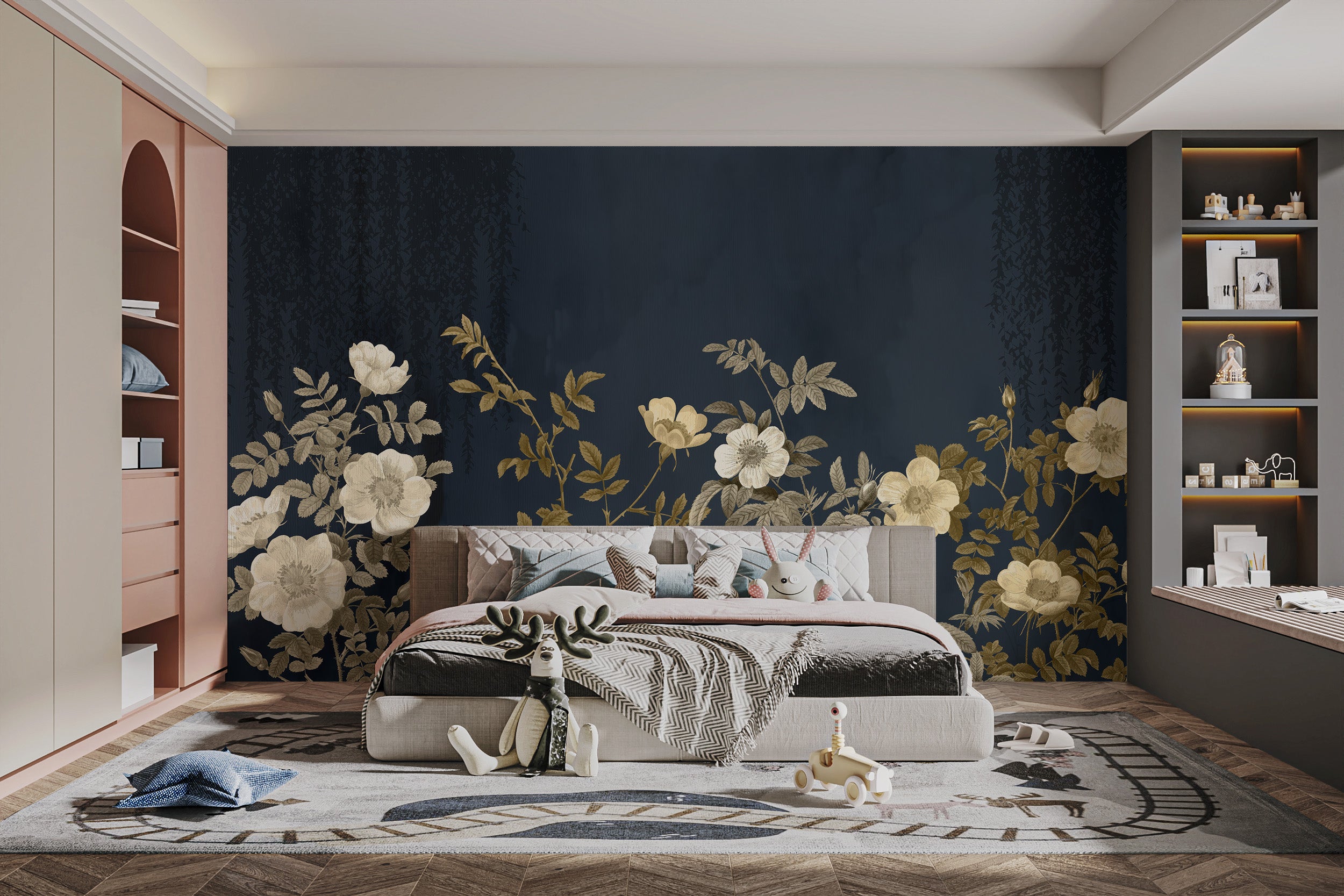 Decorative golden blossoms night mural for peaceful spaces