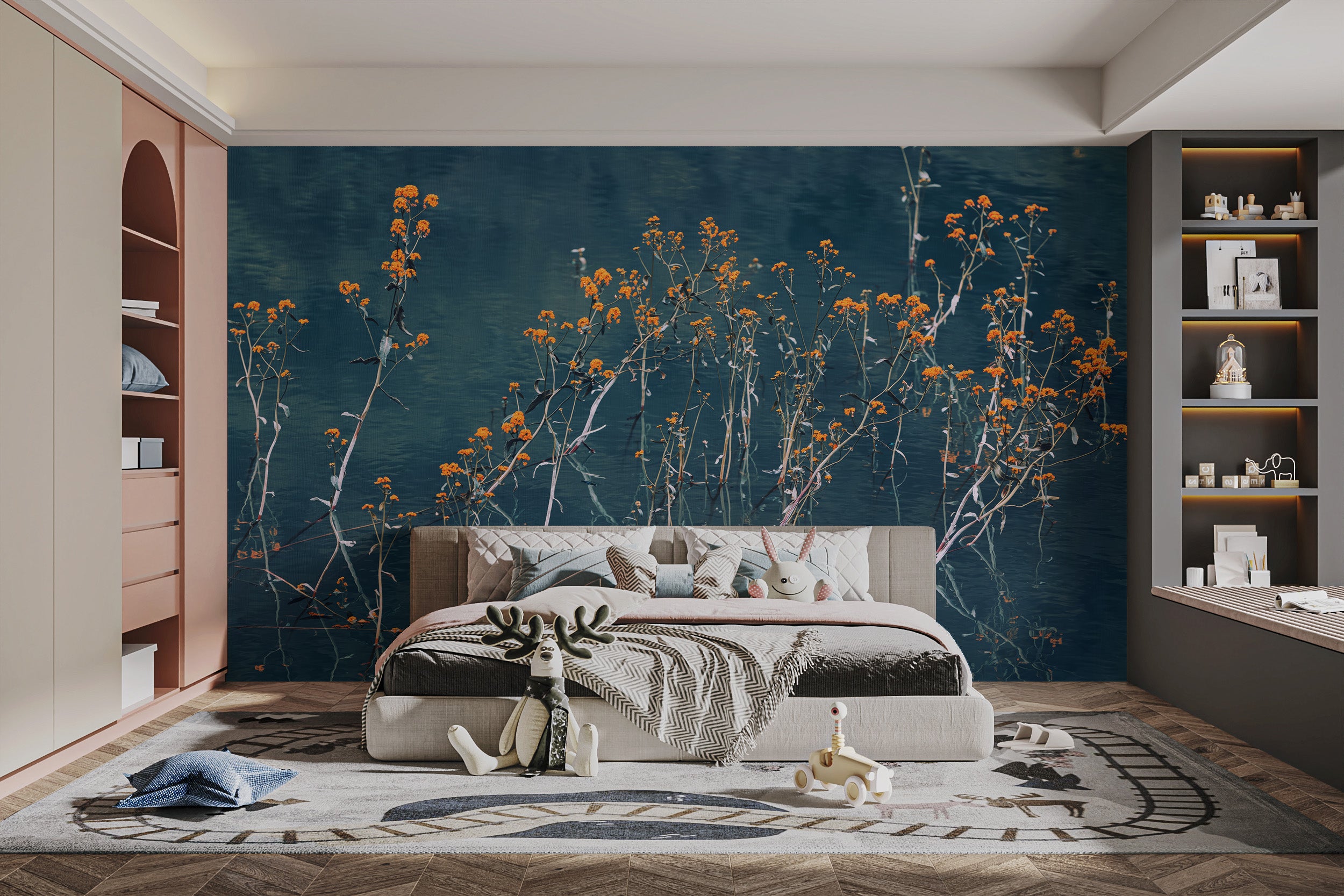 Soft autumn whispers mural with warm tones and leaf designs