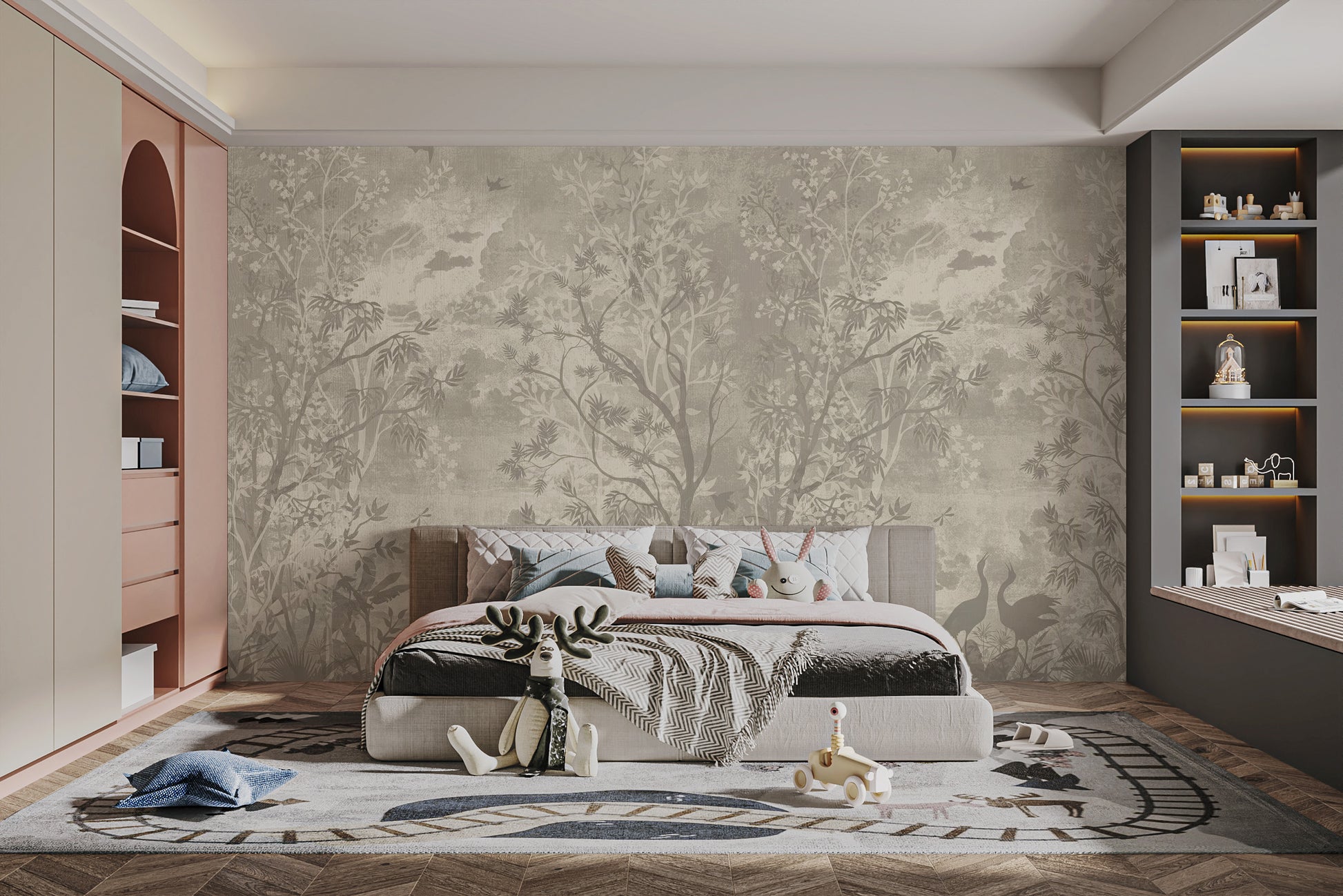 Tranquil mystical jungle mural in gray tones for elegant decor