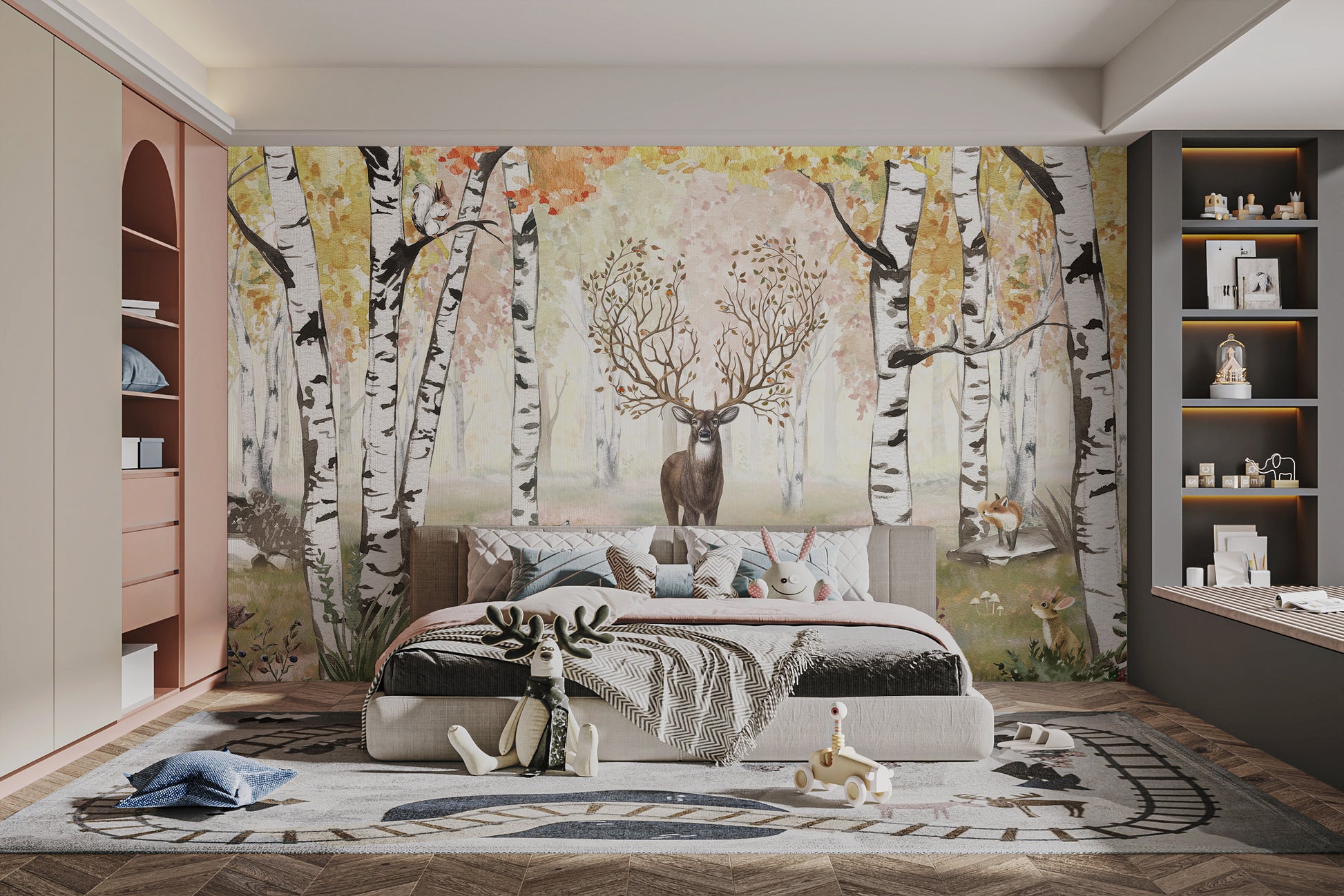 Scenic woodland mural with autumnal antlered beauty.
