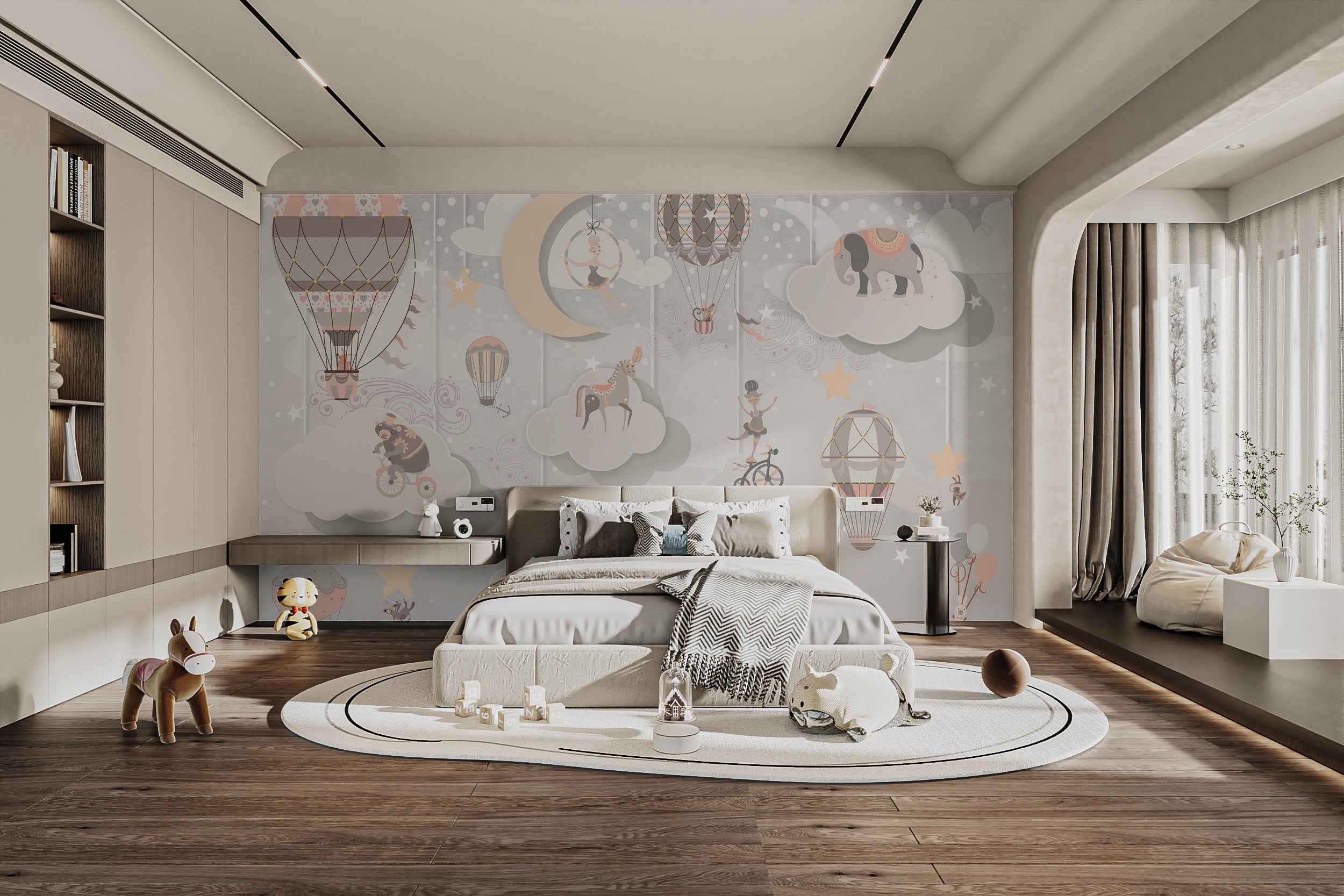 Circus-themed mural with whimsical design for kids' rooms