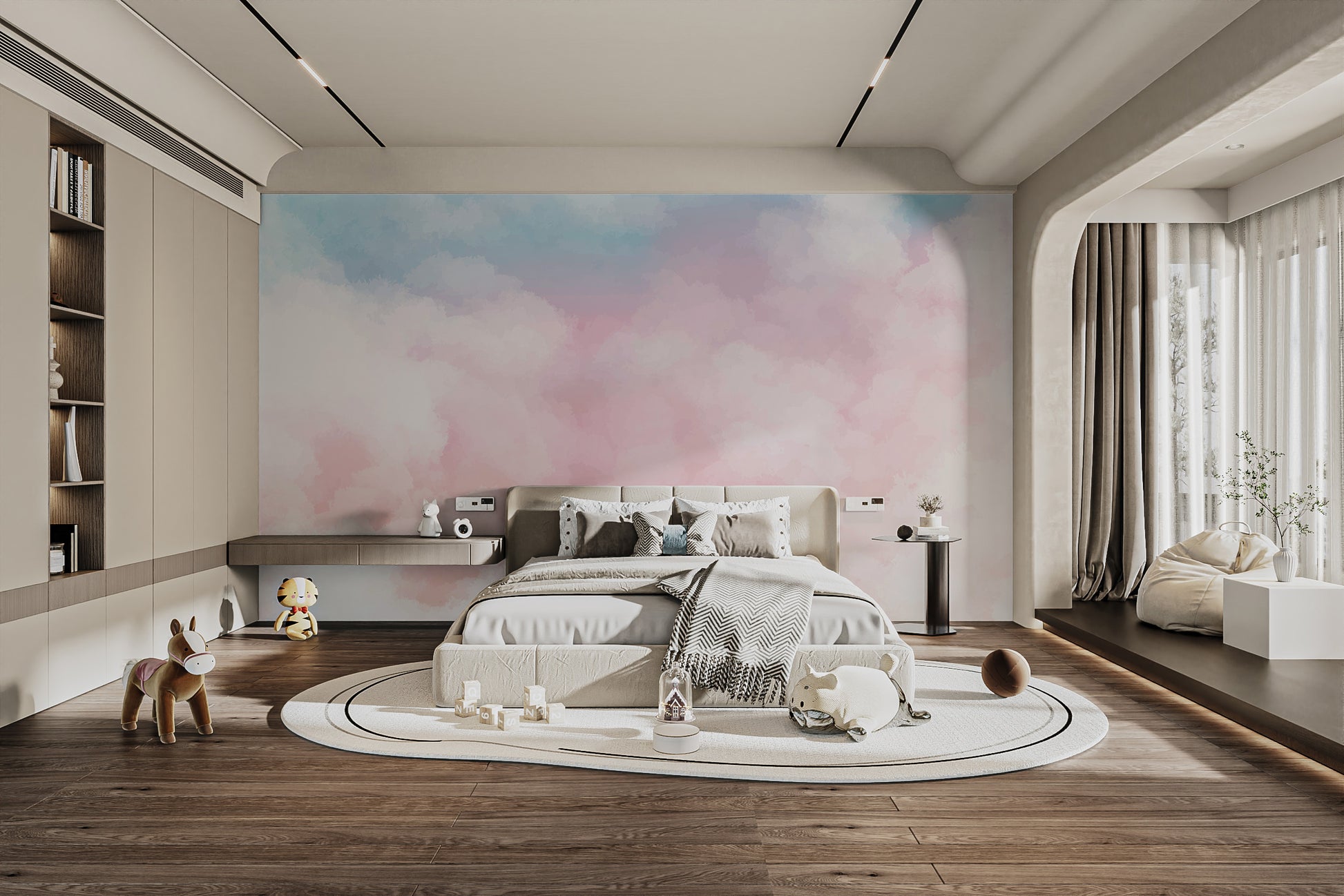 Pink clouds wallpaper mural for dreamy wall decor