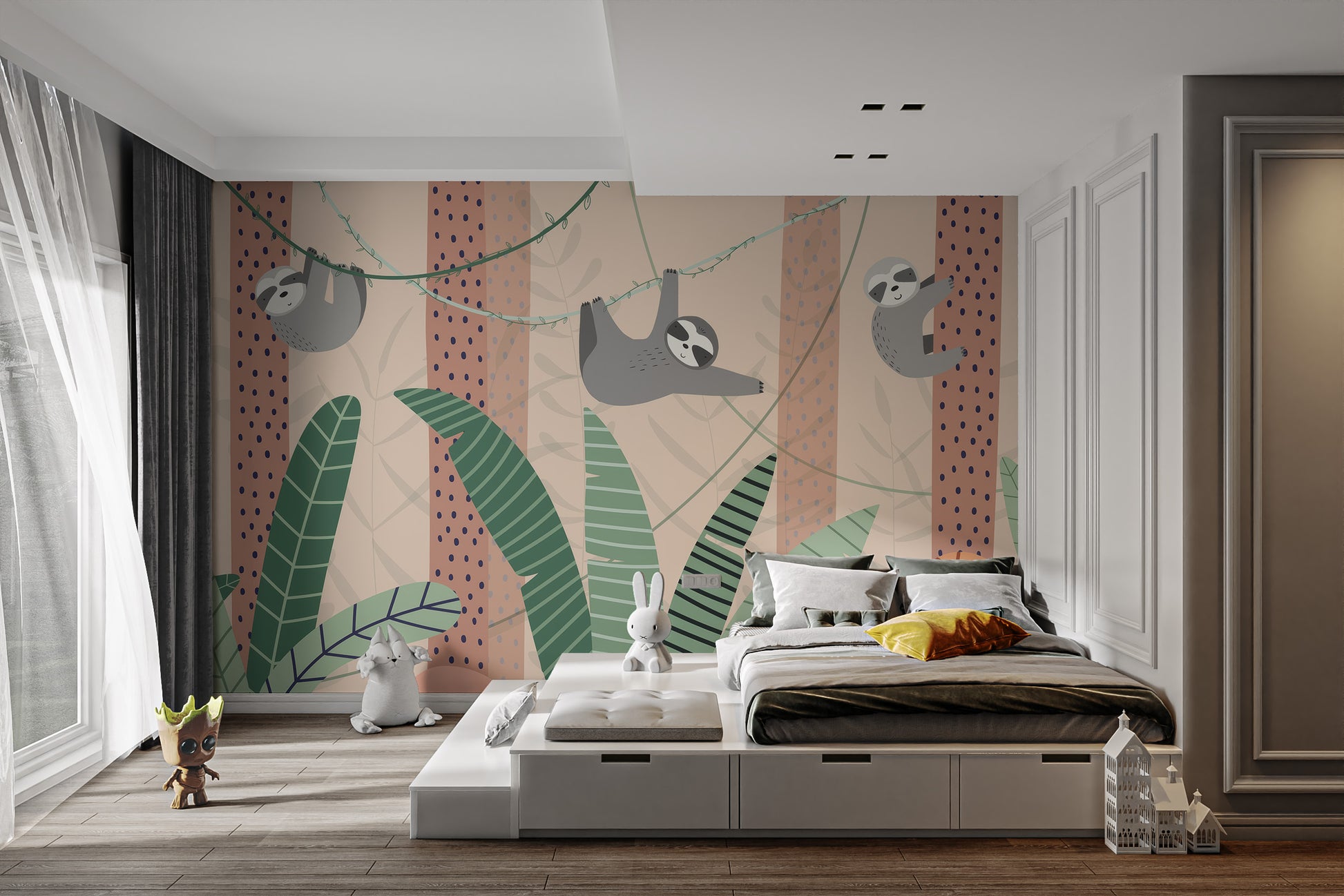 Relaxing sloths mural with a hanging tree motif for walls