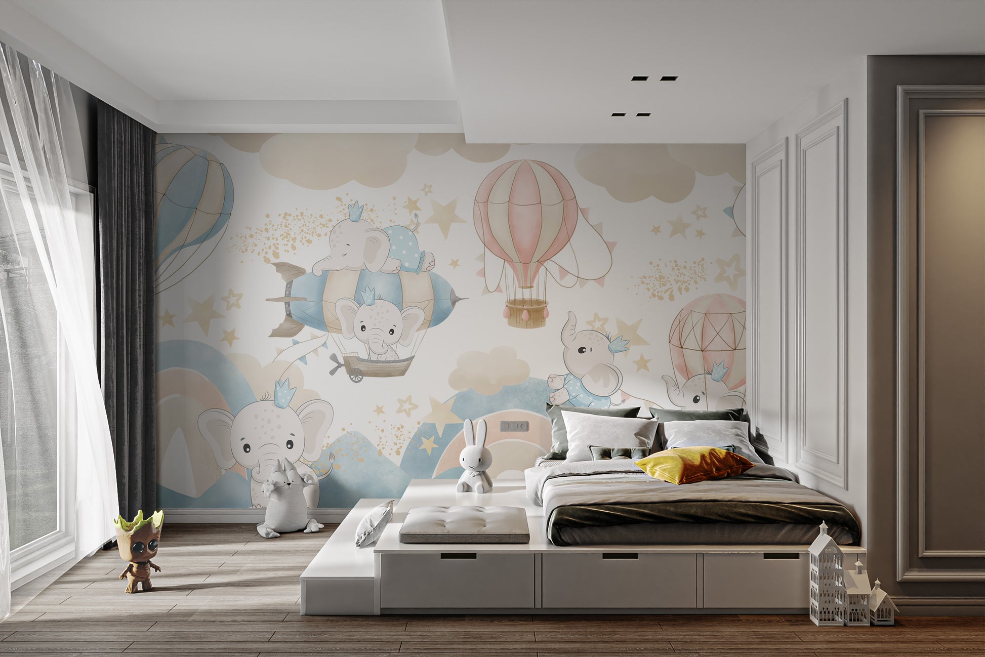 Playful baby elephants mural for nature-inspired wall decor