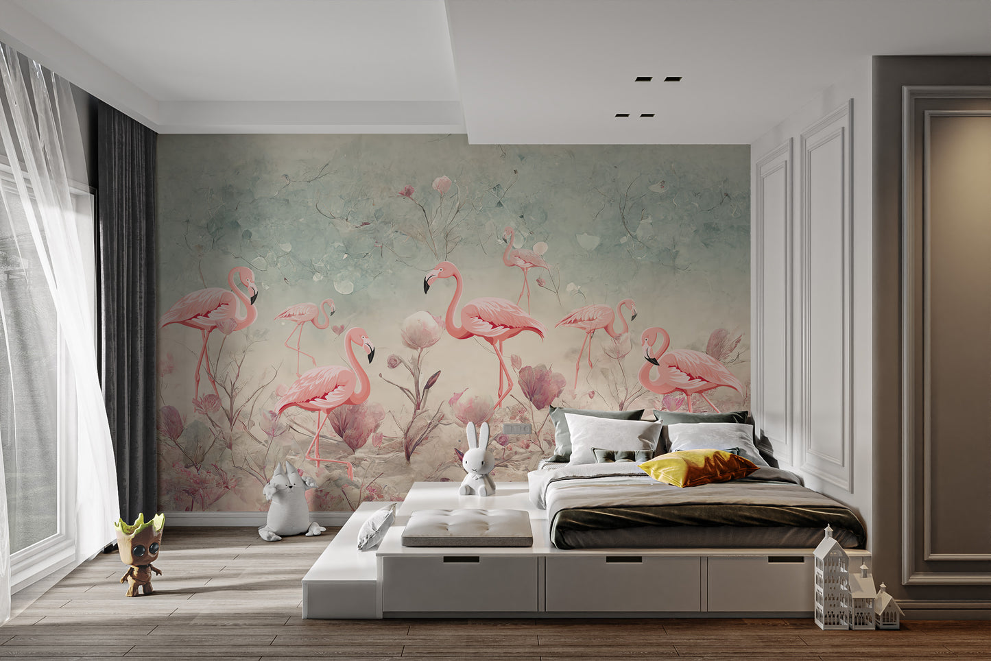 Bright flamingo fantasy wallpaper mural for cheerful rooms