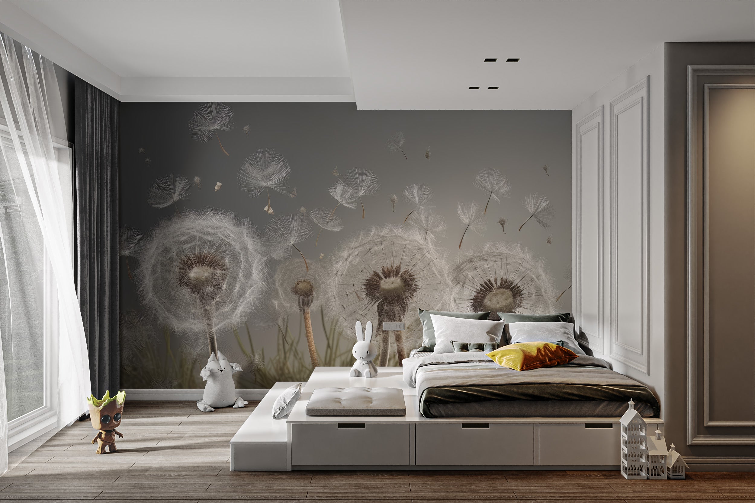 Elegant floating seeds mural for a serene and minimalist space