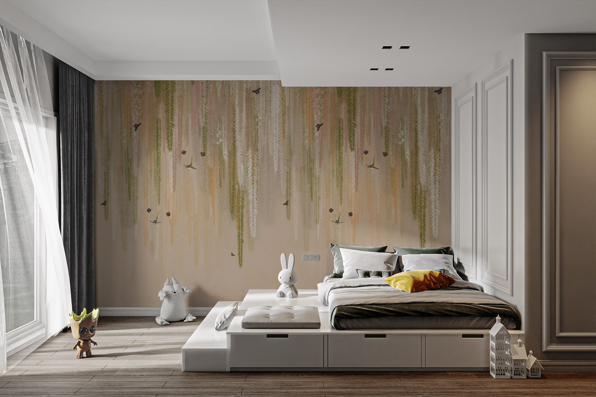 Green wisteria mural for creating a peaceful, floral environment