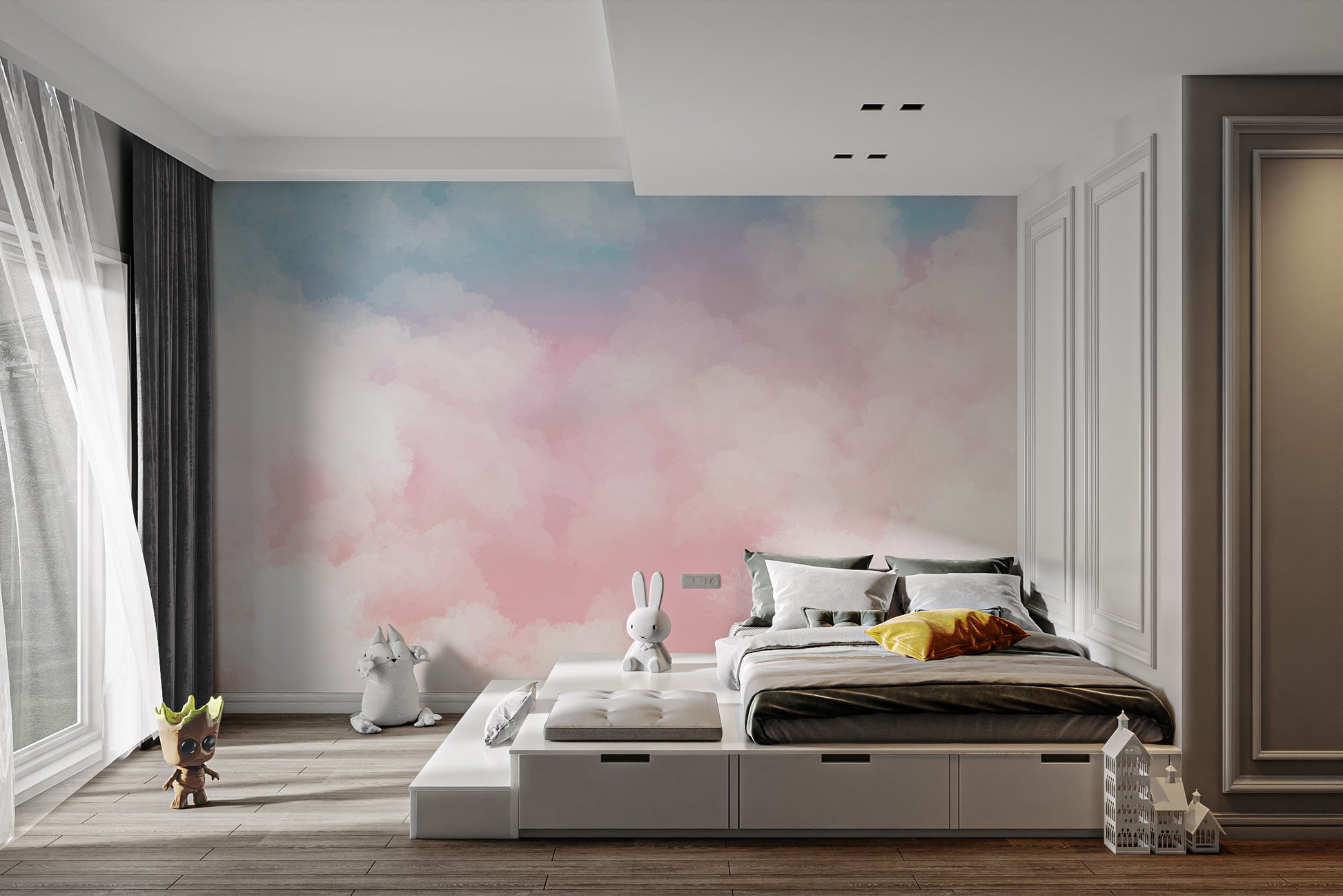 Whimsical pink clouds mural wallpaper for rooms