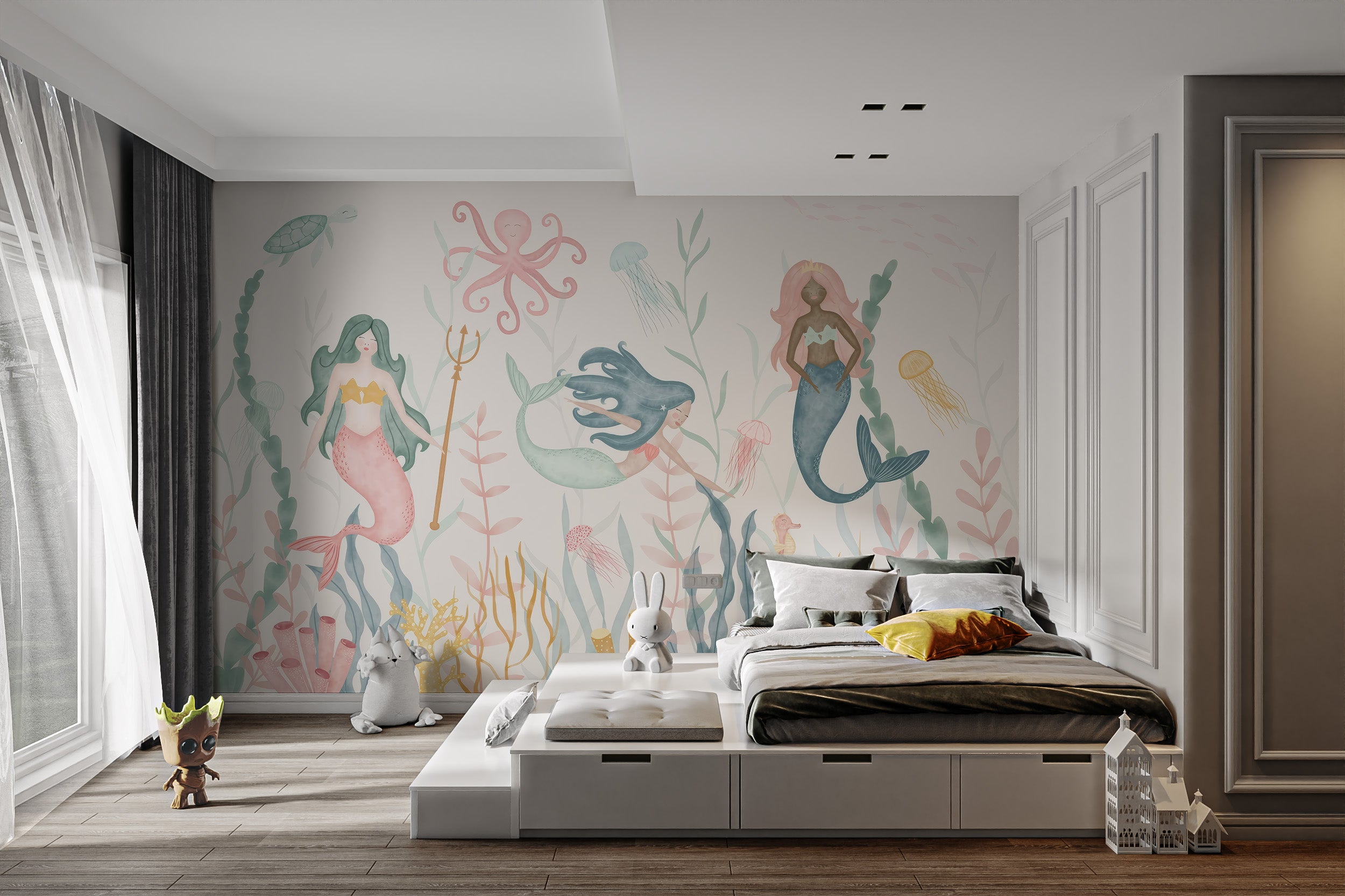 Enchanting pastel mermaid mural for imaginative interiors