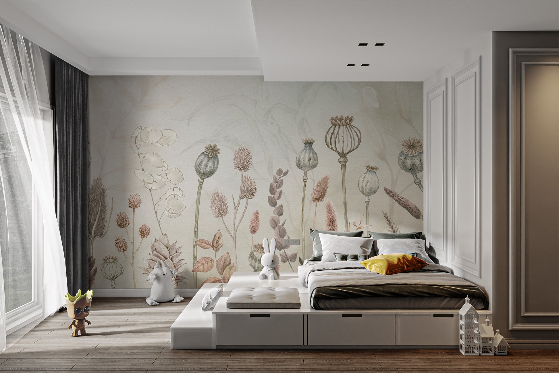 Artistic mural with soft watercolor autumnal flower patterns



