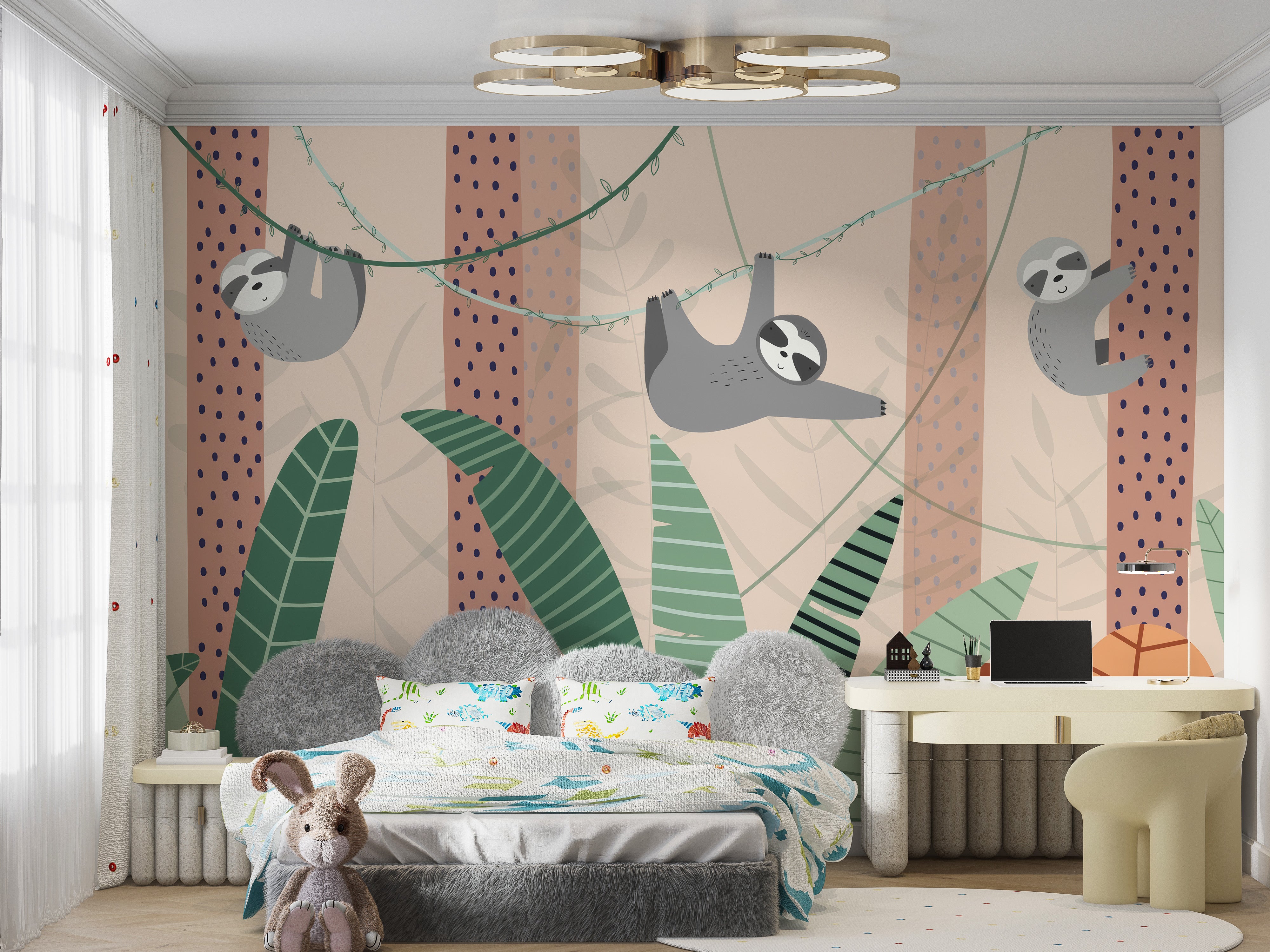 Decorative wall mural with hanging sloths in a jungle setting