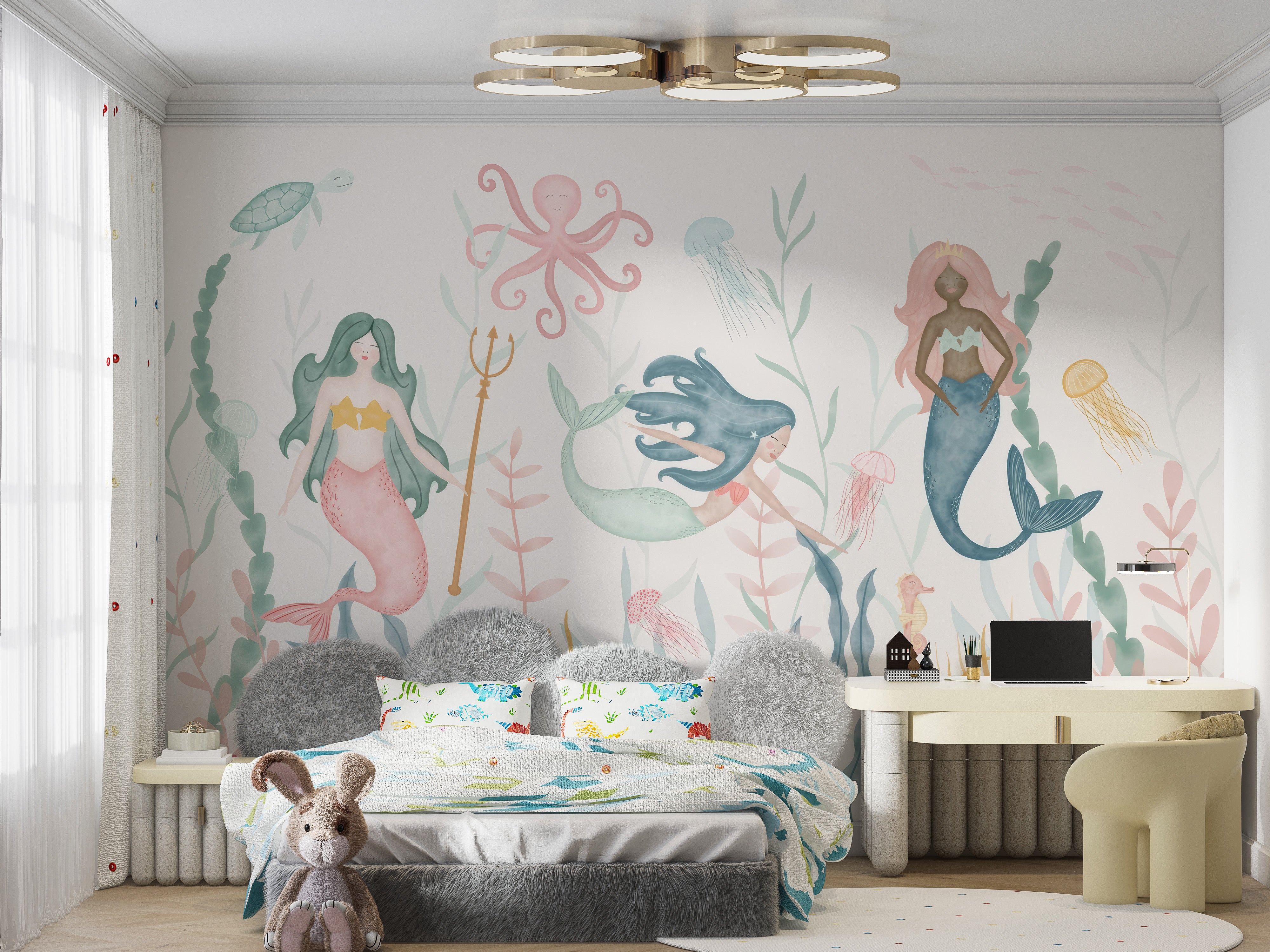 Room wallpaper featuring pastel mermaid fantasy scenes