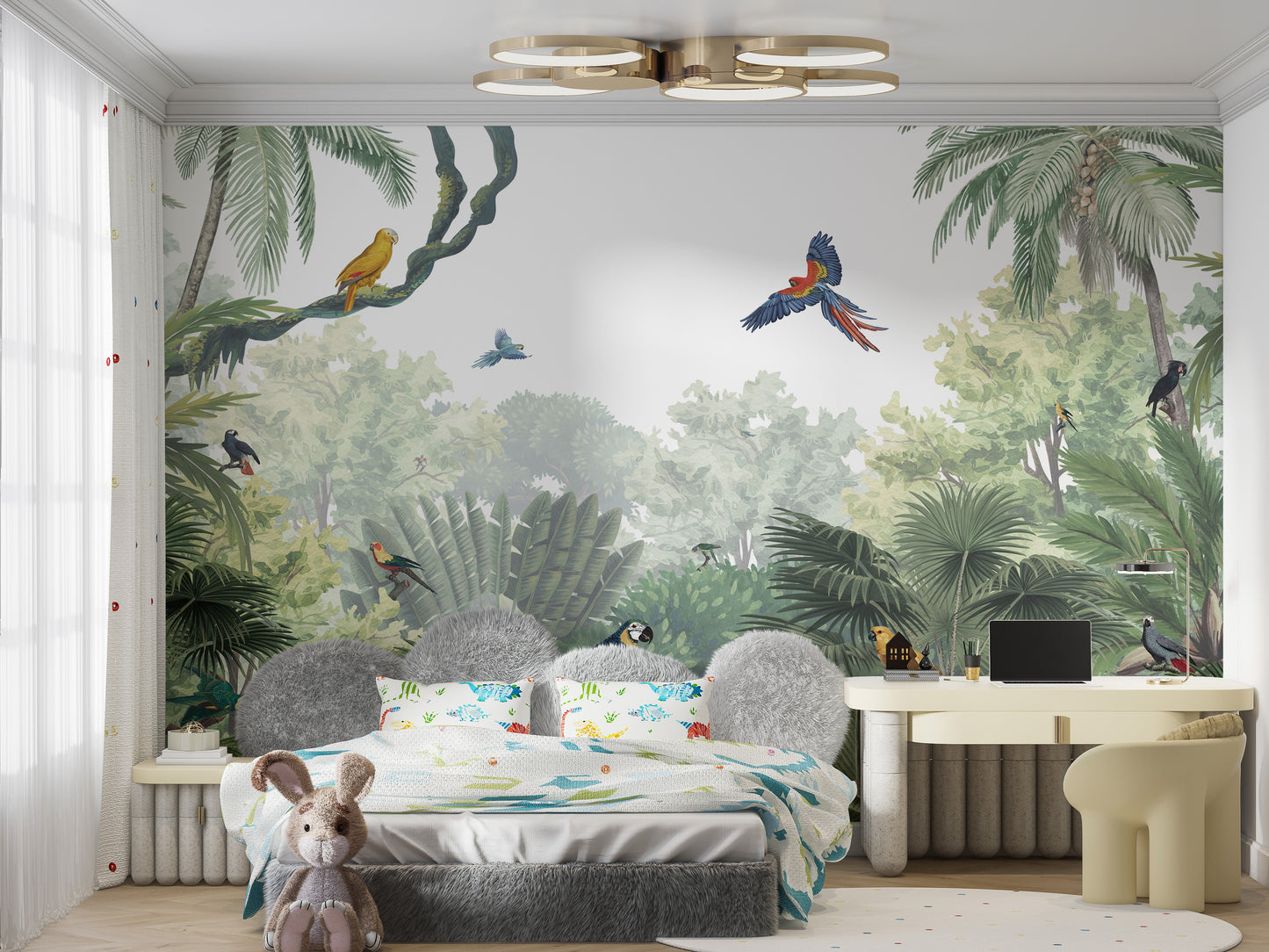 Parrots and jungle mural perfect for exotic décor themes.
