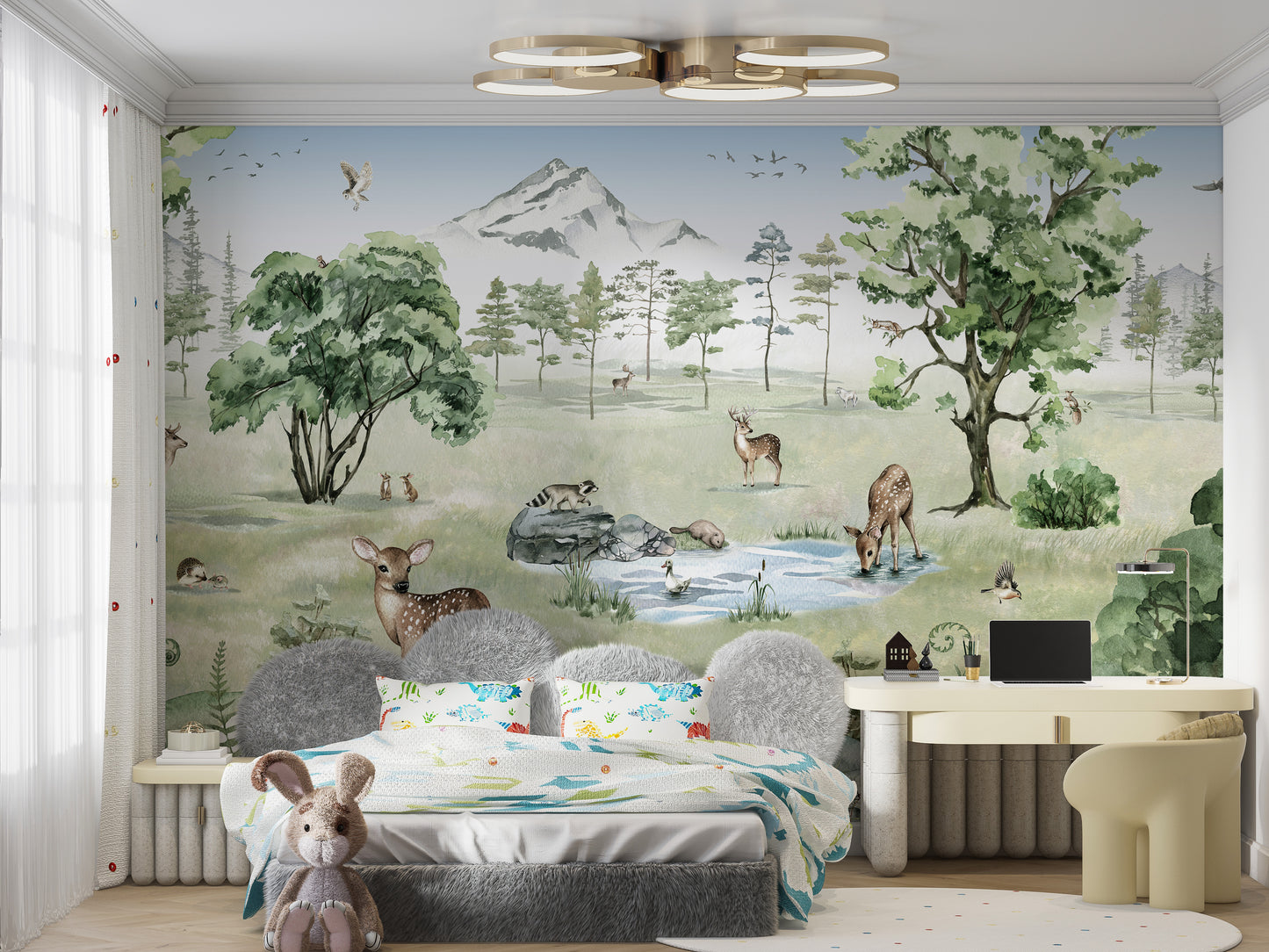 Forest wall mural showcasing deer and natural wildlife.
